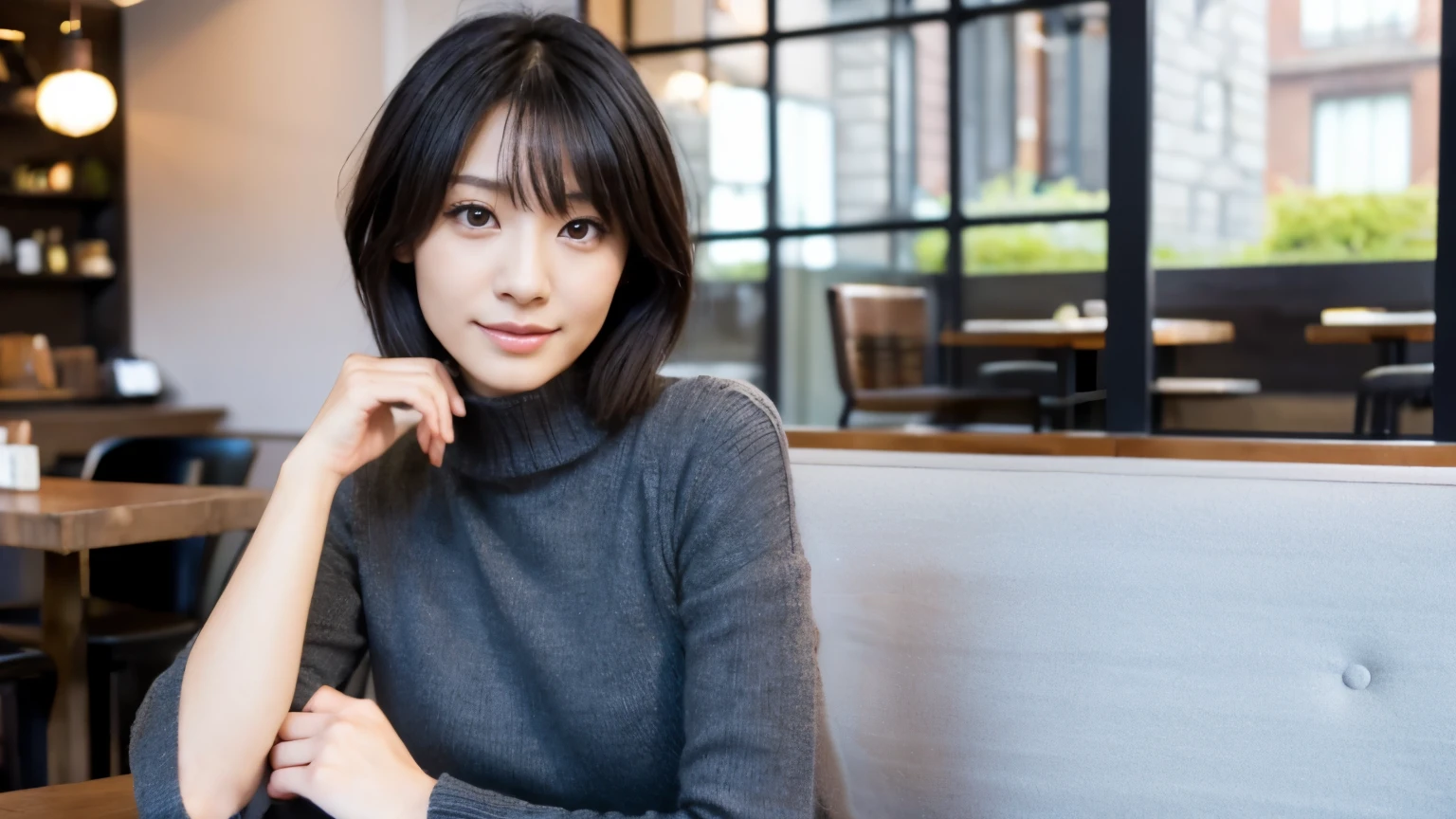 Japanese women, 30 years old, Slim figure, Small breasts, Very small waist, Beautiful Face, Beautiful Eyes, black short hair, wearing tights, Short grey knit dress, Sitting in a fashionable café, look back at you kindly, 1 girl, alone, Detailed face and eyes, Small fingers and arms. Full body photo. Realistic, Realistic.
