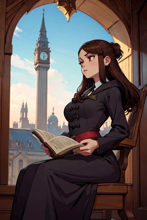 A brown haired female witch with red eyes with an hourglass figure in a conservative Victorian dress is reading on a rooftop