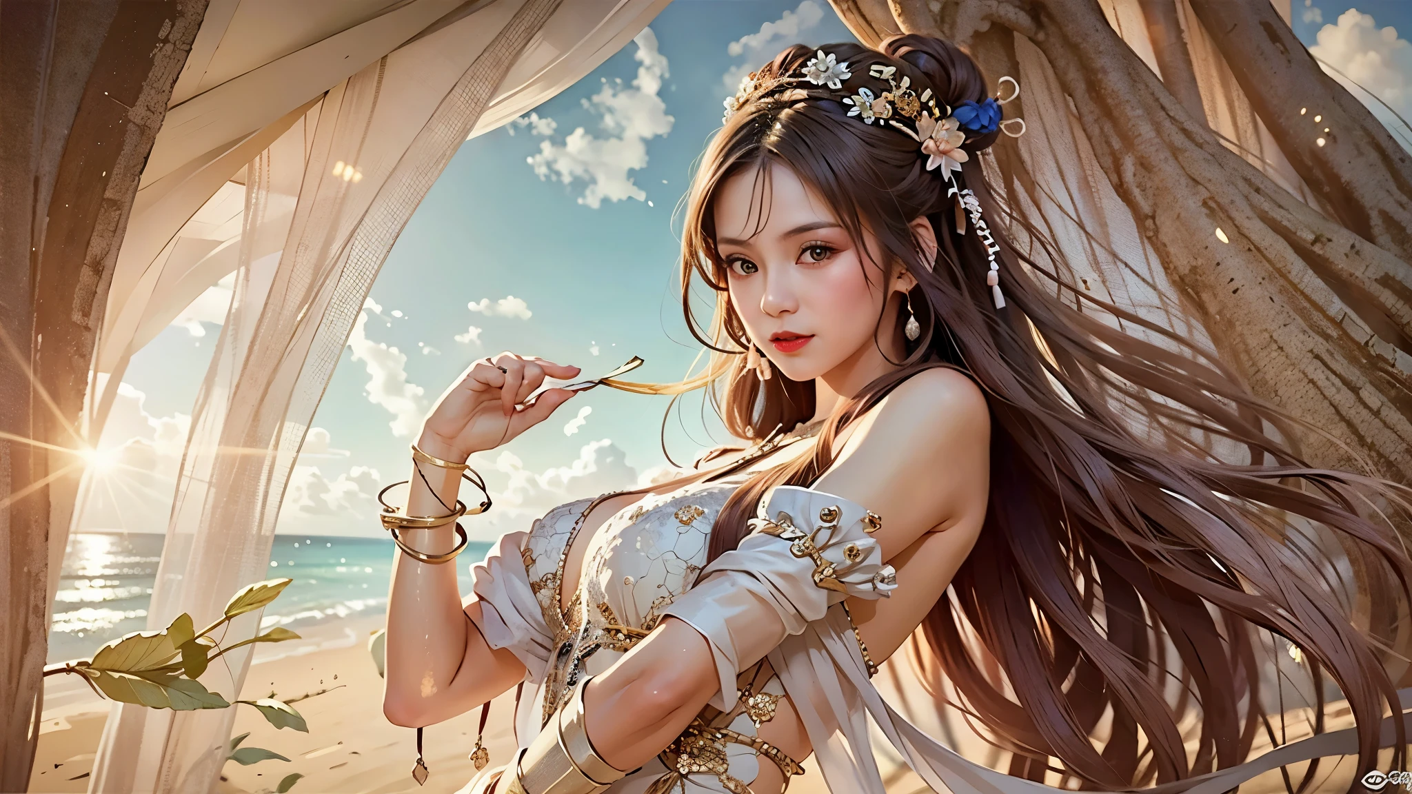 there is a woman in a wet lace white dress posing on the beach, trending on cgstation, wlop and sakimichan, artwork in the style of guweiz, cinematic. by leng jun, wlop and ross tran, by Victor Wang, a beautiful fantasy empress, guweiz, ruan jia and artgerm, beautiful fantasy maiden, japanese goddess, fire in the sky, 