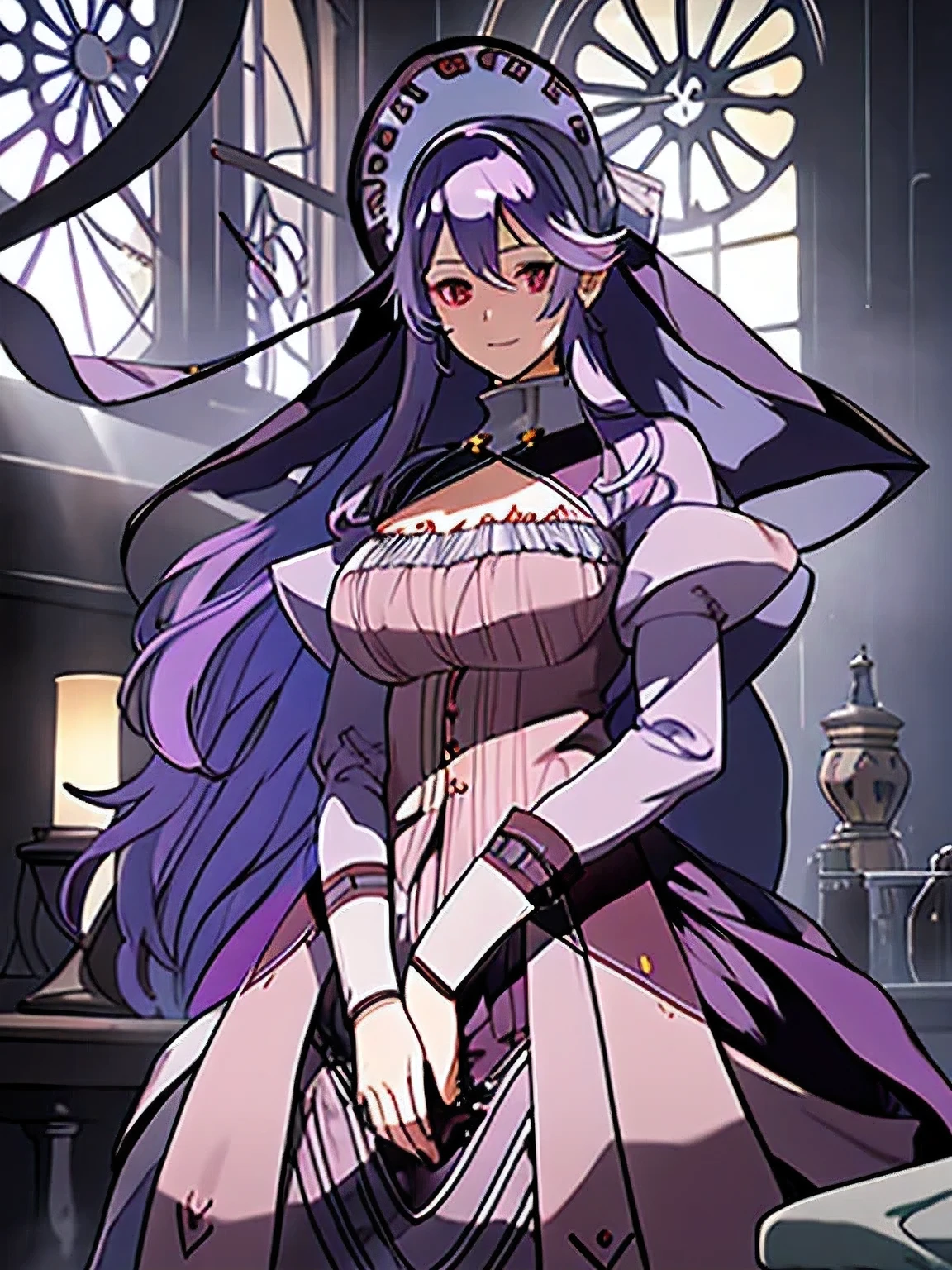 highest quality, RAW photo, extremely detailed, a character portrait, official 2d game art, Mysterious, holy, light and shadow, (pamela ibis), sand glass, 20 years old, deep purple and ash hair color, heart shaped pupils, voluptuous body, atelier, (moody lighting), silky (fog), [relaxed]