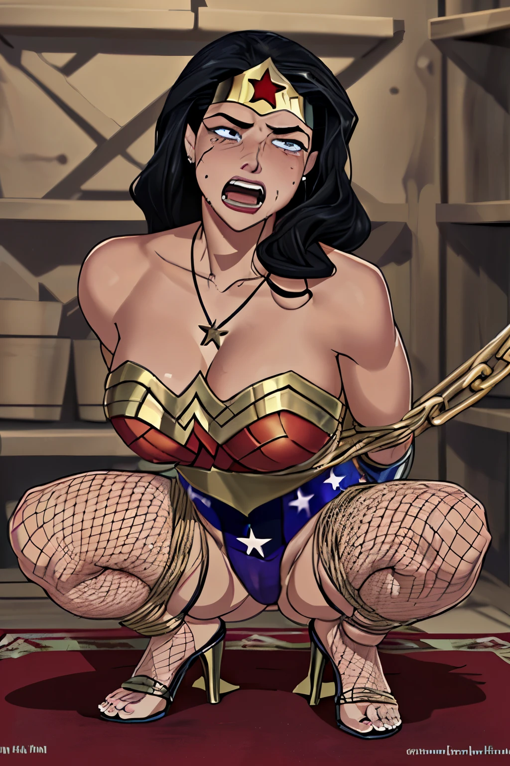 (((Mulher maravilha in the castle dungeon, barefoot, fishnet pantyhose))) (((muito Surrada, muito torturada, muito estuprada,muito humilhada,muito derrotada))),((SUPERHEROINE mulher maravilha IS A FILTHY OLD WHORE)), ((emotional expression,expression of pain and despair, gritando de dor, expression of suffering, olhos arregalados)),(Wonder Woman is squatting, on tiptoe), (She's crying a loa tem cabelo preto, ela tem cabelo longo)), ((She wears a thick metal necklace around her neck.)), (Ela esta vestindo roupas imorais, she is wearing indecent clothes), (obra-prima, melhor qualidade) 1.5, 1 garota, sozinho, (sexy, mulher bonita, rosto perfeito, olhos perfeitos), corpo inteiro. ((She is wearing starry lace panties)), tears running down your face)), ((WonderWoman in Strappado bondage, then by use of some method of attachment such as a rope or chain that runs from their wrists to a securing point above)), (((emotional expression,expression of pain and despair, gritando de dor, expression of suffering, olhos arregalados, expression of fear, corpo se contorcendo de dor))), ((She is wearing high heels stilettos))