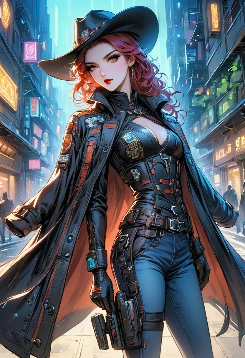 masterpiece, pale skin, red lips, light eyes, eye shadow, Frontal photo of a red-haired beauty with medium curly hair standing on the street，Cyberpunk cowboy in interstellar tavern，Futuristic starry sky background，Alien Technology，Mechanical Cowboy，Wearing a red and black mechanical suit, Mafia style skirt and jacket draped over shoulders, 她 is also wearing a hat, Jeans and high heels, Very detailed body, Alien Technology in detail, chiaroscuro, Natural light, Very detailed, 她 and the car focus on images