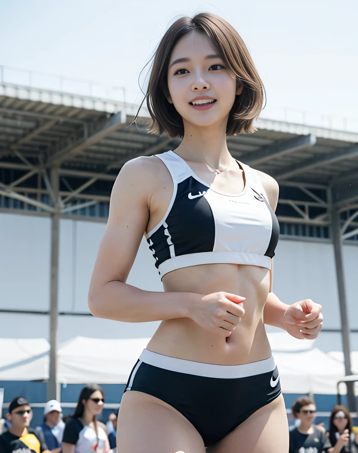 zydG, ((cowboy shot)),((from below)), 1girls, Front view, stand, looking the viewer, exposed skin, (from below),brown-eyed, (blonde very short hair:1.2), (light hair), (medium breasts:1.4), smile with white teeth, (photorealestic:1.4), (Top image quality:1.0), (UltraHighResolution:1.0), 8K, Raw photography, (A masterpice:0.2), track and field uniforms, show abs, (sweat, wetty:1.1), portlate, pubic bone focus, ful body,(pureerosface_v1:0.5), outdoor, track and field,