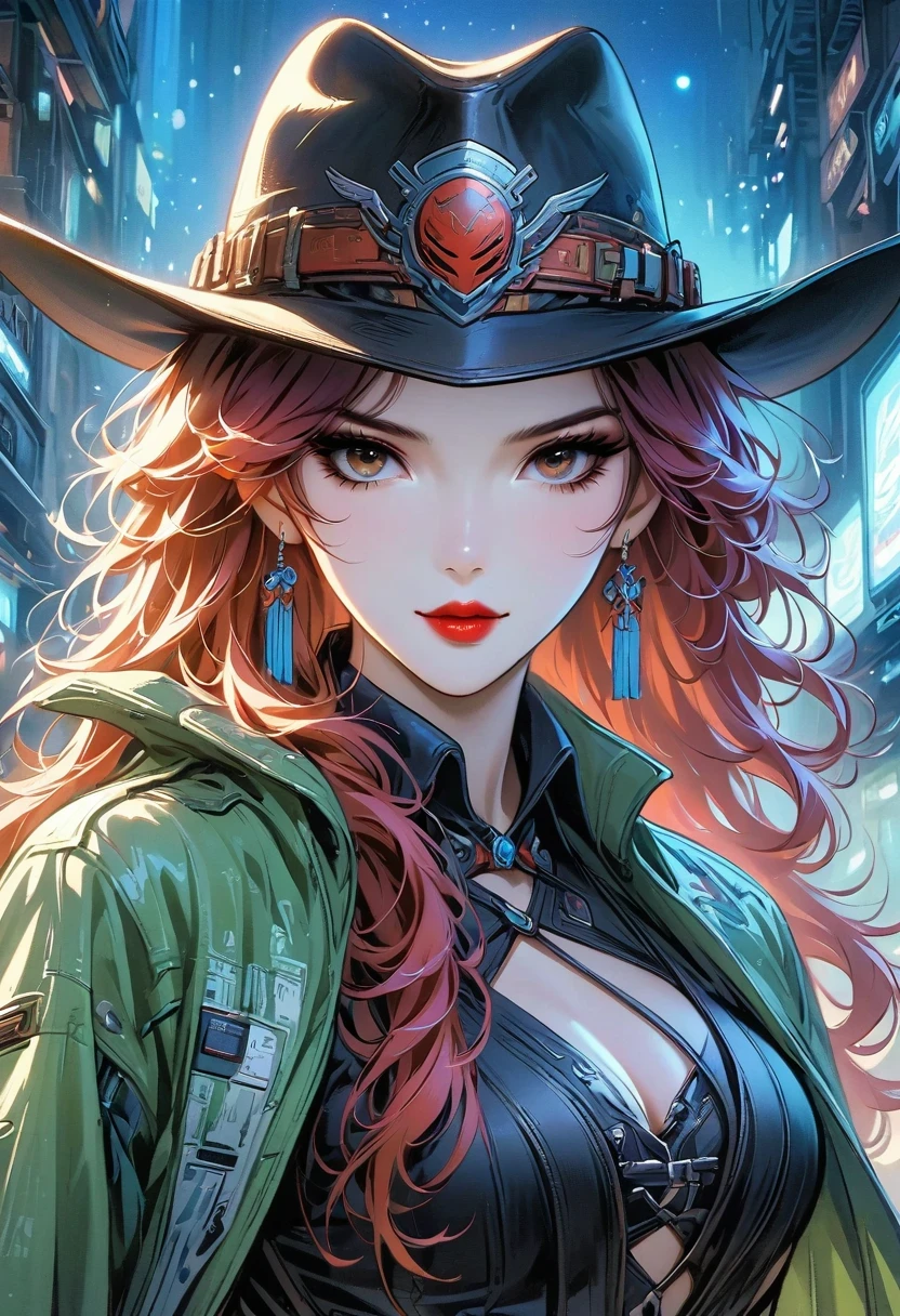 masterpiece, pale skin, red lips, light eyes, eye shadow, Frontal photo of a red-haired beauty with medium curly hair standing on the street，Cyberpunk cowboy in interstellar tavern，Futuristic starry sky background，Alien Technology，Mechanical Cowboy，Wearing a red and black mechanical suit, Mafia style skirt and jacket draped over shoulders, 她 is also wearing a hat, Jeans and high heels, Very detailed body, Alien Technology in detail, chiaroscuro, Natural light, Very detailed, 她 and the car focus on images