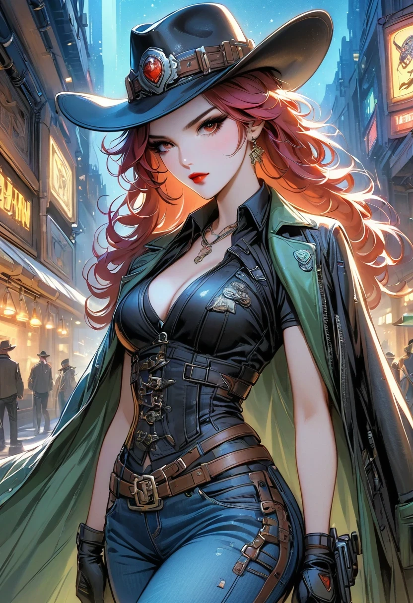 masterpiece, pale skin, red lips, light eyes, eye shadow, Frontal photo of a red-haired beauty with medium curly hair standing on the street，Cyberpunk cowboy in interstellar tavern，Futuristic starry sky background，Alien Technology，Mechanical Cowboy，Wearing a red and black mechanical suit, Mafia style skirt and jacket draped over shoulders, 她 is also wearing a hat, Jeans and high heels, Very detailed body, Alien Technology in detail, chiaroscuro, Natural light, Very detailed, 她 and the car focus on images