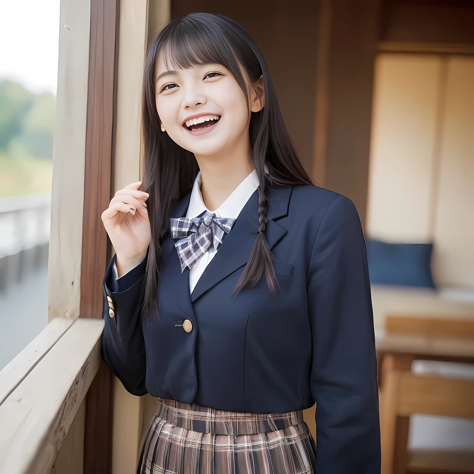 (highest quality、masterpiece:1.2)、highest quality、Realistic、photograph、High resolution、1080p、8K、The face is especially pale., Physical Rendering、((Height: 155cm)), one Japanese girl、((Siren in the form of a 15-year-old Japanese junior high school student)), (((((Sirens in the form of beautiful fashion models from Japanese magazines are trying to capture the viewers.))))), , (((big very detailed beautiful dark brown eyes))), ((blue girly large wine-red glossy polyester Japanese school ribbon bow tie)), (((black very beautiful and very very long braids hair))), ((((deep blue colored tartan checkered formal long pleated pleated skirt)))), ((A unpatterned formal dark blue blazer in solid that is slightly oversized and has an emblem on the left chest.)), (((((((laughing at me!))))))), Mouth open, The large blazer and skirt are very cute., detailed fingers, Slender body, ((curled bangs)), so beautiful, ((Very big and very very very cute eyes of a Japanese girl)), ((large pupils)), double eyelids, The entire skirt is photographed, Thin eyebrows, ((drooping eyes)), (((very long eyelashes))), ((cute lovely lovely laughing laughing cheeks)), ((Pure white light hits her face from above and in the front, making her skin and eyes shine beautifully.)), ((Strong light hits the nose and cheeks、It brings out the richness of the expression.)), (((((She has a rich expression, a pure and very cute face, and a very intelligent face.)))))