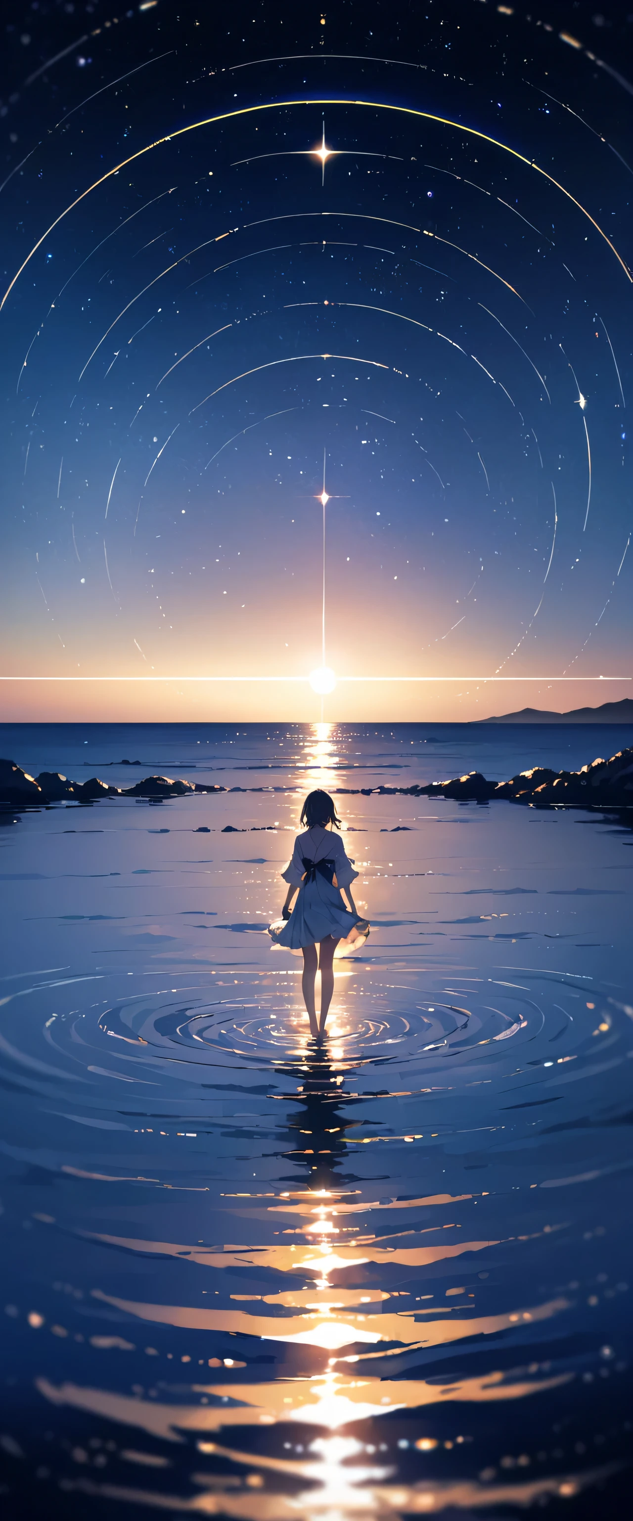 (Close-up:1.4)、(RAW Photos:1.2)、(Photorealistic:1.4)、(masterpiece:1.3)、(highest quality:1.4)、Japanese girl、(Night Scenery:1.2)、Light clothing、pretty girl、Put one foot in the sea、Standing on tiptoes、Landscape、Between the horizon and the sea、Side view、Ripples spreading from the toes、Standing about 20 meters away、on the sea、The whole scene shineeteors、illumination、