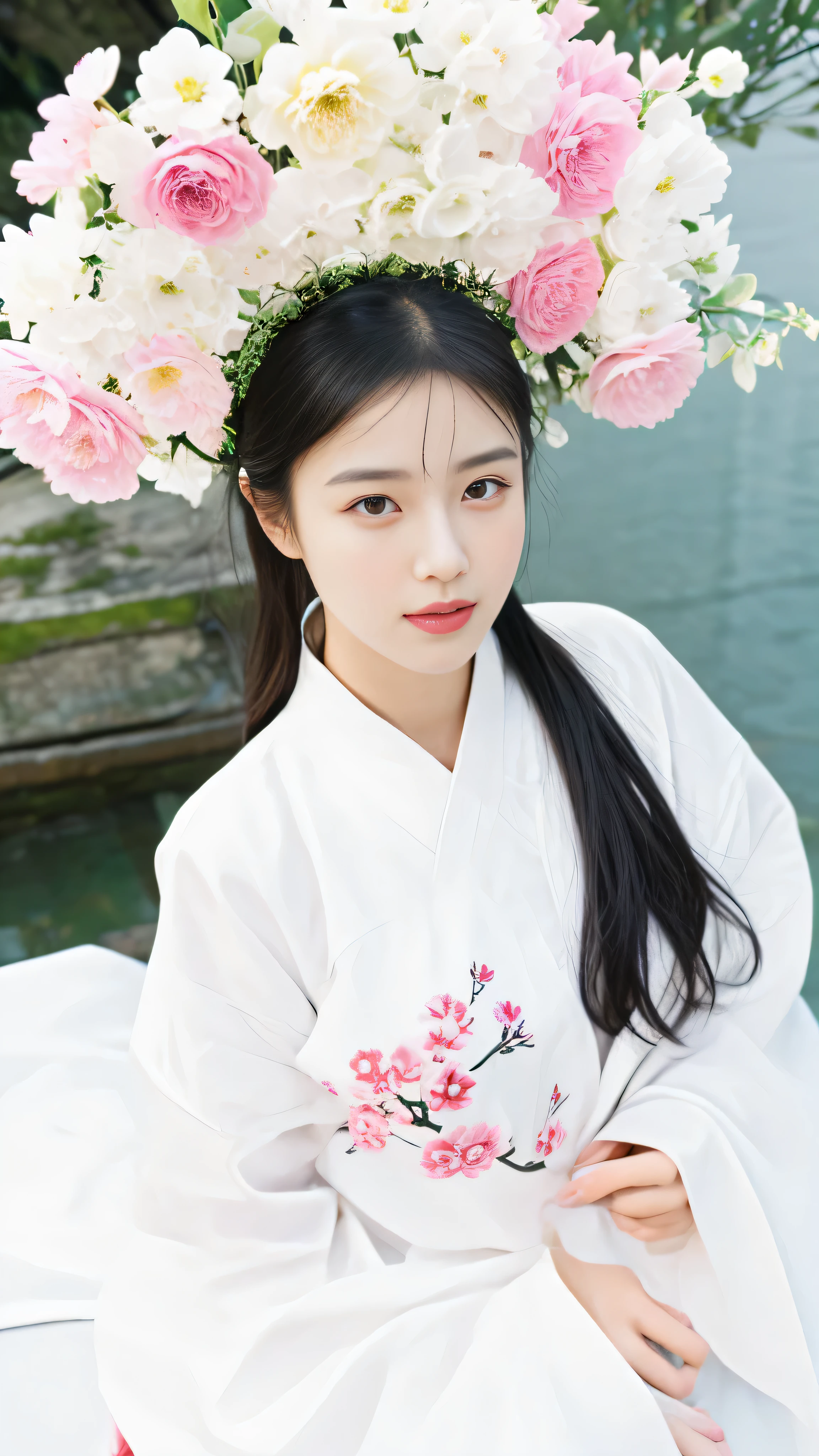 arafed asian woman in white dress holding a fan and flower crown, white hanfu, palace , a girl in hanfu, hanfu, with acient chinese clothes, wearing ancient chinese clothes, traditional chinese clothing, traditional chinese, chinese girl, chinese costume, chinese woman, chinese style, young cute wan asian face, a young asian woman, beautiful south korean woman