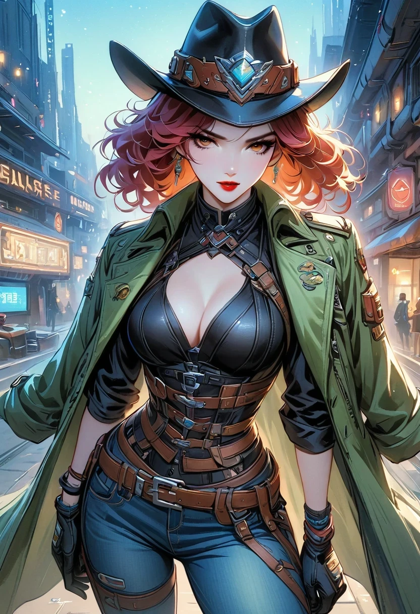 masterpiece, pale skin, red lips, light eyes, eye shadow, Frontal photo of a red-haired beauty with medium curly hair standing on the street，Cyberpunk cowboy in interstellar tavern，Futuristic starry sky background，Alien Technology，Mechanical Cowboy，Wearing a red and black mechanical suit, Mafia style skirt and jacket draped over shoulders, 她 is also wearing a hat, Jeans and high heels, Very detailed body, Alien Technology in detail, chiaroscuro, Natural light, Very detailed, 她 and the car focus on images