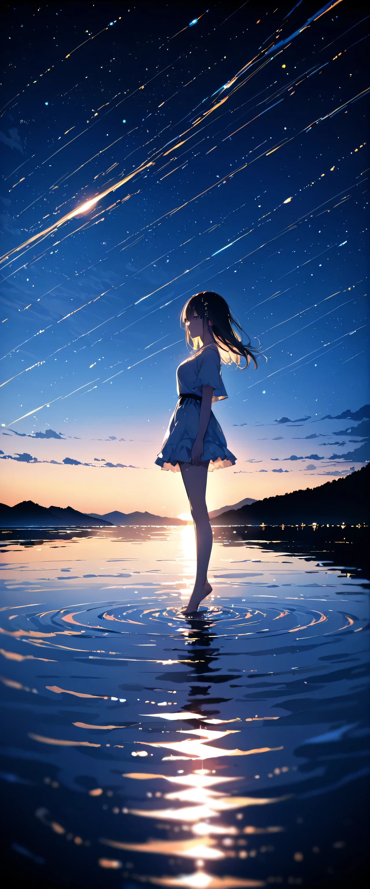 (Close-up:1.4)、(RAW Photos:1.2)、(Photorealistic:1.4)、(masterpiece:1.3)、(highest quality:1.4)、Japanese girl、(Night Scenery:1.2)、Light clothing、pretty girl、Put one foot in the sea、Standing on tiptoes、Landscape、Between the horizon and the sea、Side view、Ripples spreading from the toes、Standing about 20 meters away、on the sea、The whole scene shineeteors、illumination、