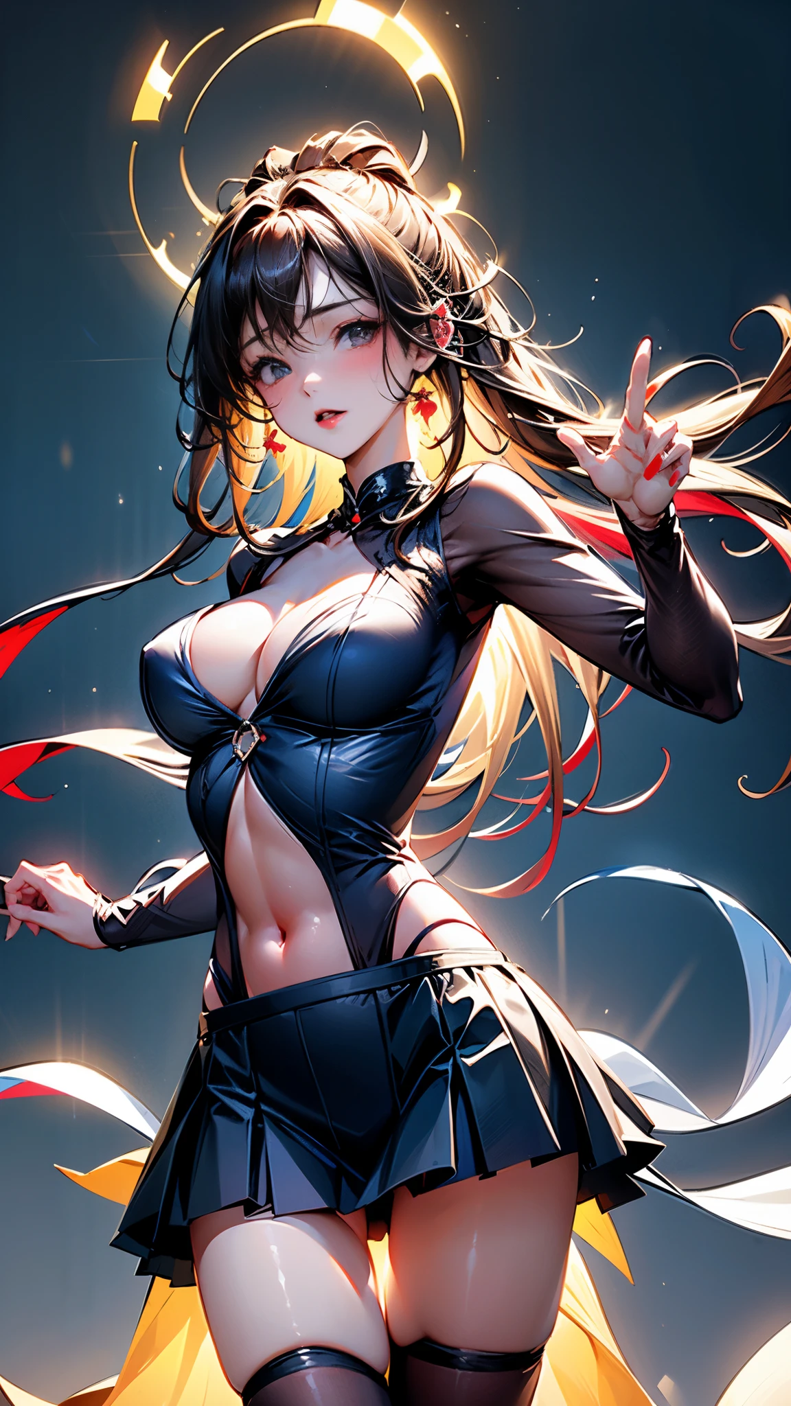 Girls wear skirts,It's a perfect face,scantily clad,Willow waist,(actual, realistically), (Ultra-high resolution), (depth of fields),Striped hair,Thigh thick,view the viewer , insanely details, Complicated details, Skeleton costume,(Lop), Lower chest Skeleton costume,Shiny holographic Skeleton costume:1.1 , Large breasts droop,Blonde hair,Redlip ,see-through skirt,(((8K,winning artwork,dynamicposes))),