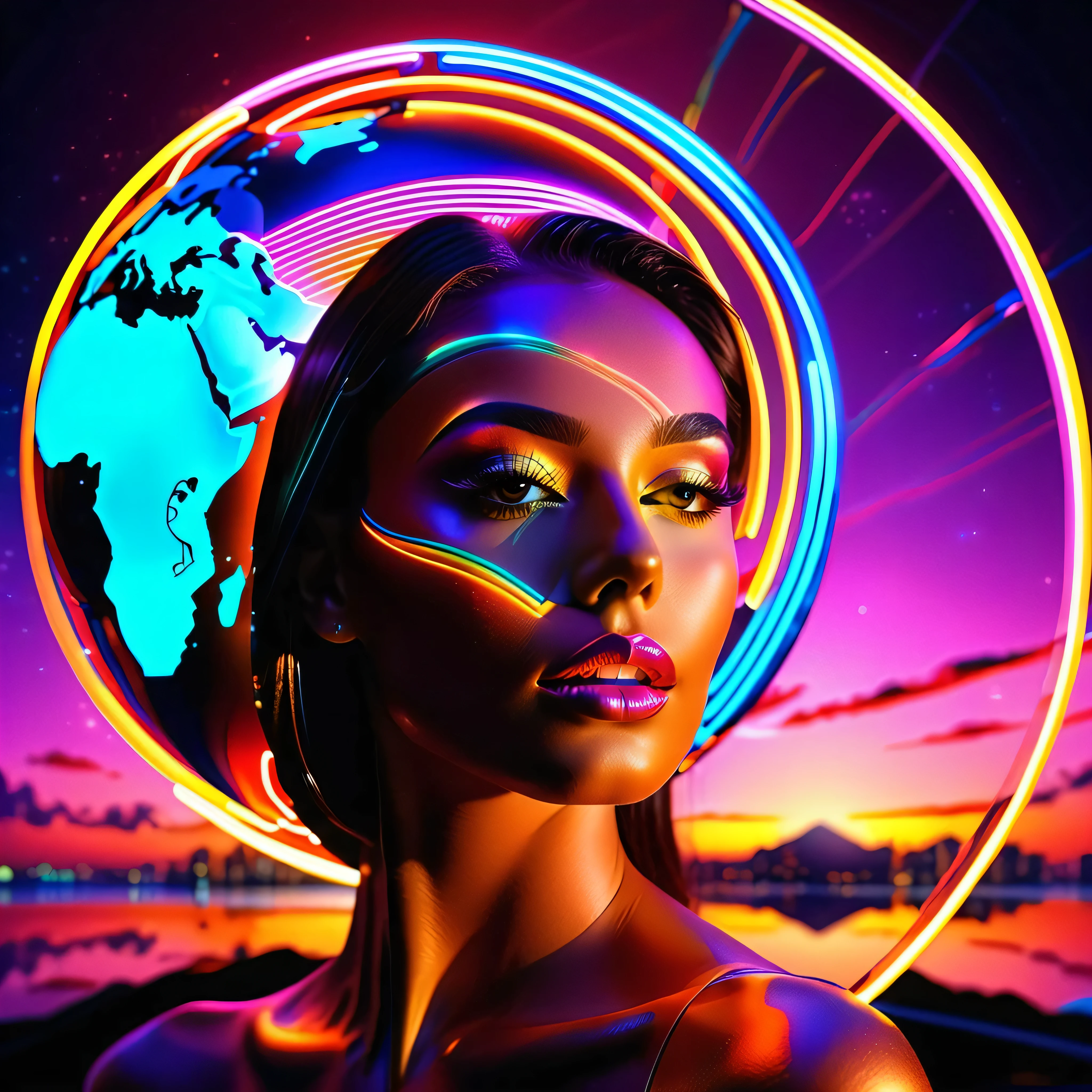 sunset spacious sunrise panoramic background, fashion portrait color photograph woman Diva, neon lights holography, draw in neon colors ((earth World)): Earth Globe : ((floating)), transparent, Three dimensions, light, SF, Digital art, Digital, scientific, dark background: electronic circuit: draw in neon colors, 3D, masterpiece, Digital space, energy, beautiful, masterpiece, 32K, light, be familiar with, lively, colorful, nice, beautiful, rich colors, beautiful Light Lines. magic effect, Sparkling, beautiful Light Grains. --v 6 --s 1000 --c 20 --q 5 --chaos 100