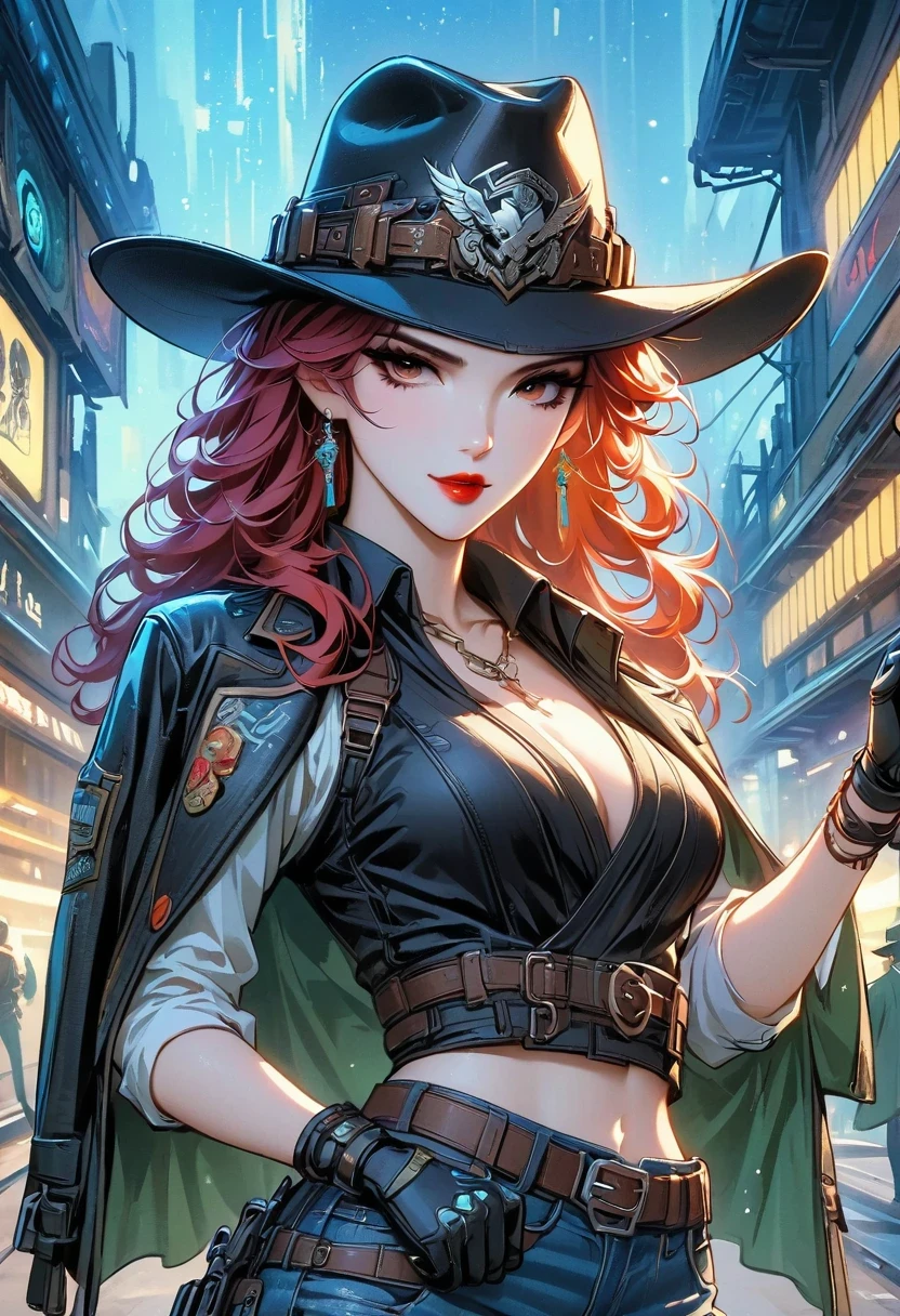 masterpiece, pale skin, red lips, light eyes, eye shadow, Frontal photo of a red-haired beauty with medium curly hair standing on the street，Cyberpunk cowboy in interstellar tavern，Futuristic starry sky background，Alien Technology，Mechanical Cowboy，Wearing a red and black mechanical suit, Mafia style skirt and jacket draped over shoulders, 她 is also wearing a hat, Jeans and high heels, Very detailed body, Alien Technology in detail, chiaroscuro, Natural light, Very detailed, 她 and the car focus on images