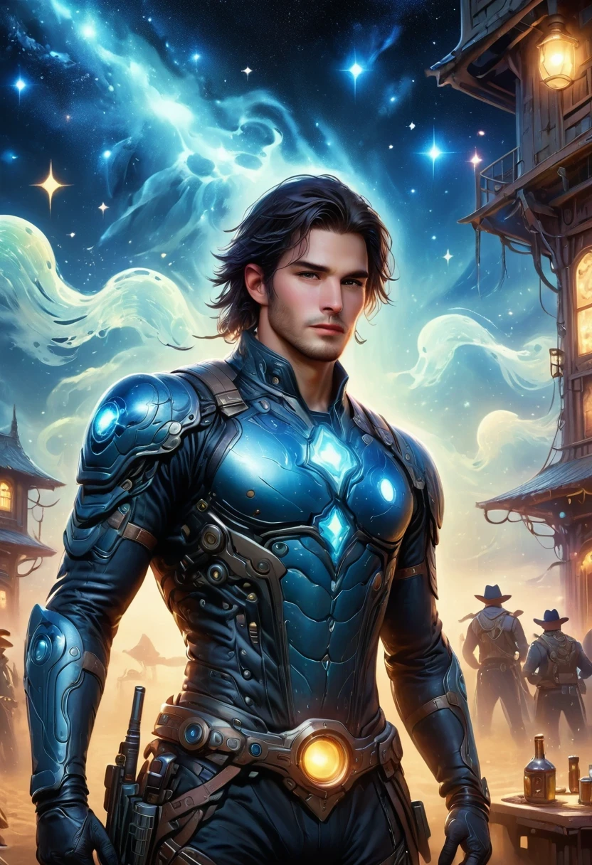 Cyberpunk cowboy in interstellar tavern,Futuristic starry sky background,Alien Technology,Mechanical Cowboy