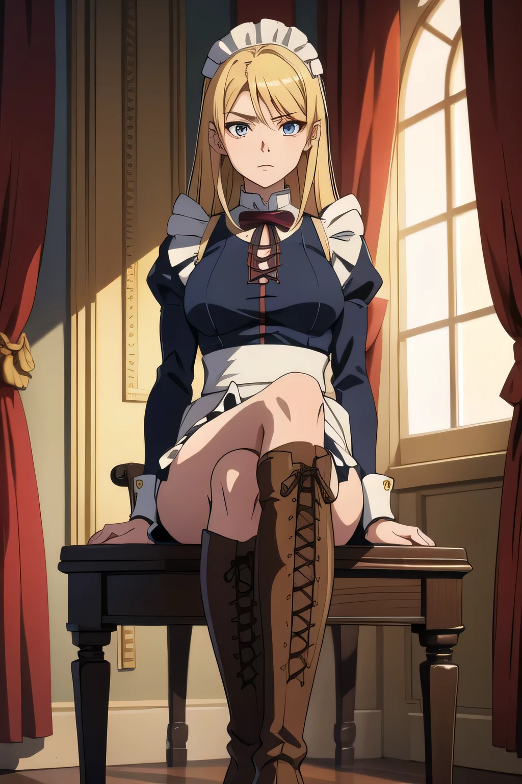 18 year old beautiful girl, Big eyes, big breasts, The whole body is visible,Small and thin,Beautiful feet, 8K, highest quality, (Highly detailed head), (Highly detailed face), (Very fine hair), British maid outfit,Brown lace-up riding boots,Shiny riding boots,Black tights,Highly detailed official artwork, Anime Moe Art Style, Beautiful detailed anime art, Glare, Golden Hair, Smooth long hair,Sit on a chair,Elevate your legs,I can see the soles of my shoes,From directly below,