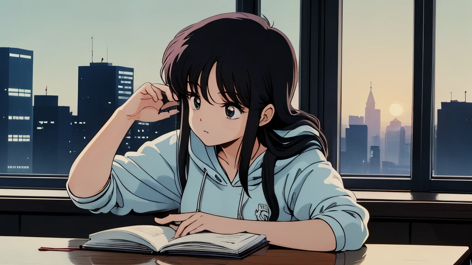 (80s anime),(city pop),(Ghibli),(ultra-detailed,master piece,best quality,high resolution,perfect eyes,perfect hands,ultra-detailed eyes),(A girl wearing headphones and a hoodie and pants is studying hard at her desk in her room), (expressionless girl),(the girl doesn't look this way),(You can see the city pop-style night view from the window.)
