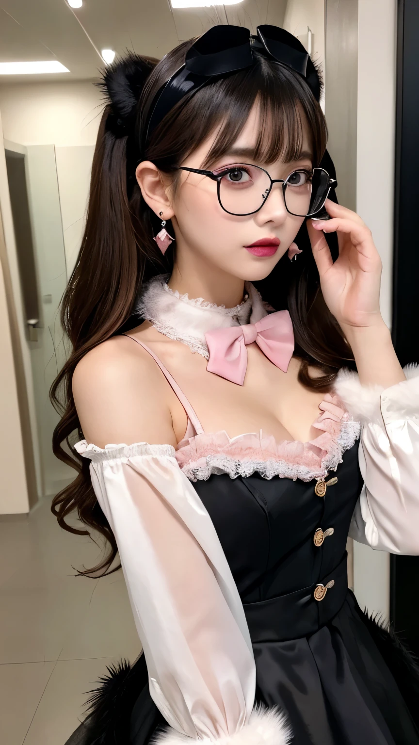 ((masterpiece, Highest quality)), Aston Machan (umamusume),, smile, She opens her shirt to show her bra, Upper Body, , Long sleeve, White shirt, Frills, Green Skirt, button, Black knee socks, Hanging, , With glasses, Red frame glasses, Red hat crown, , Crazy Eyes, Glowing Eyes, living, In front of the fireplace