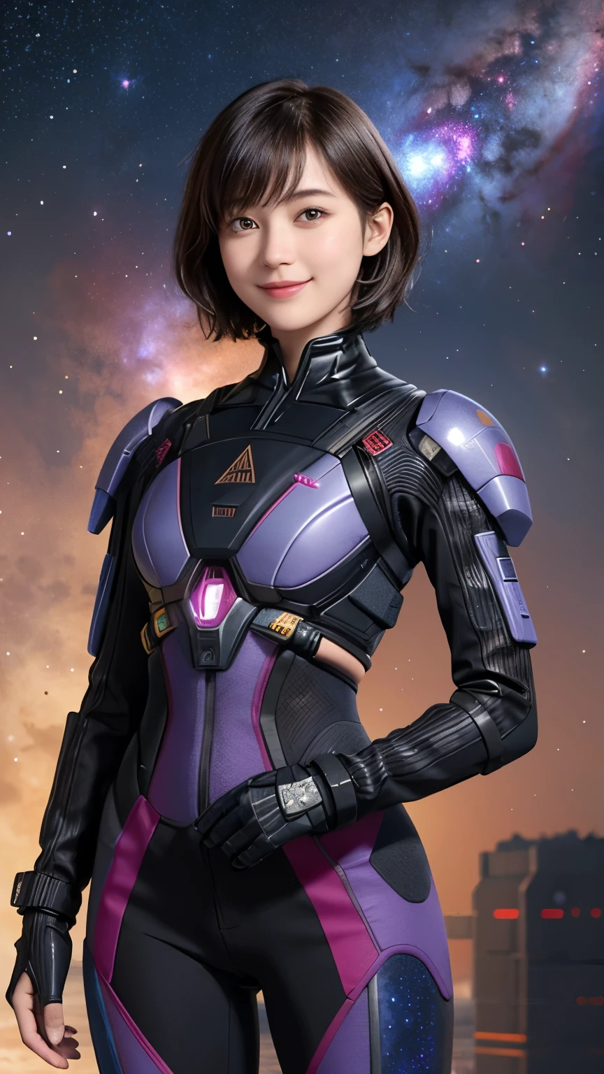 208 Short Hair, 20 year old female, Floral, A kind smile, Futuristic clothing, machinery suit, (The background is a galaxy and nebula)