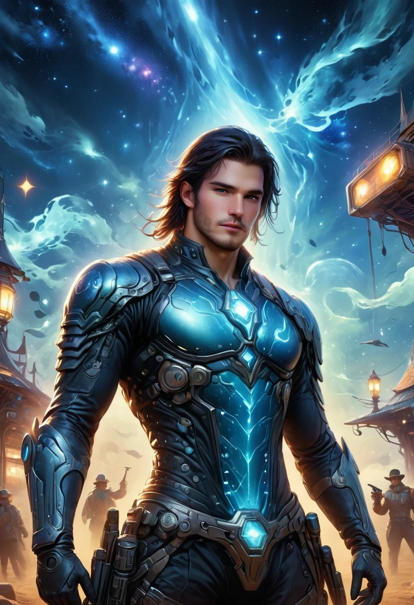 Cyberpunk cowboy in interstellar tavern,Futuristic starry sky background,Alien Technology,Mechanical Cowboy
