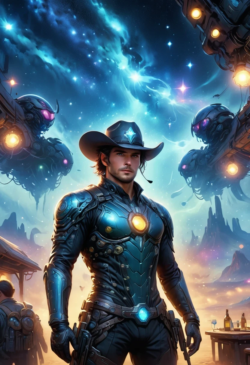 Cyberpunk cowboy in interstellar tavern，Futuristic starry sky background，Alien Technology，Mechanical Cowboy