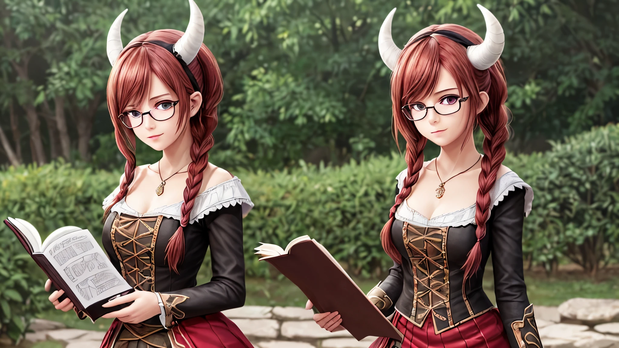 (Masterpiece, best quality), detailed, character sheet, many items (the same person, medieval royal clothes, magic academy uniform, blouse, skirt, glasses, reading glasses, white boots, many parts), athletic, busty, demon, demon girl, detailed beautiful purple eyes, detailed face, pointy ears, red hair and white skin, braided ponytail, demon horns, full of details.