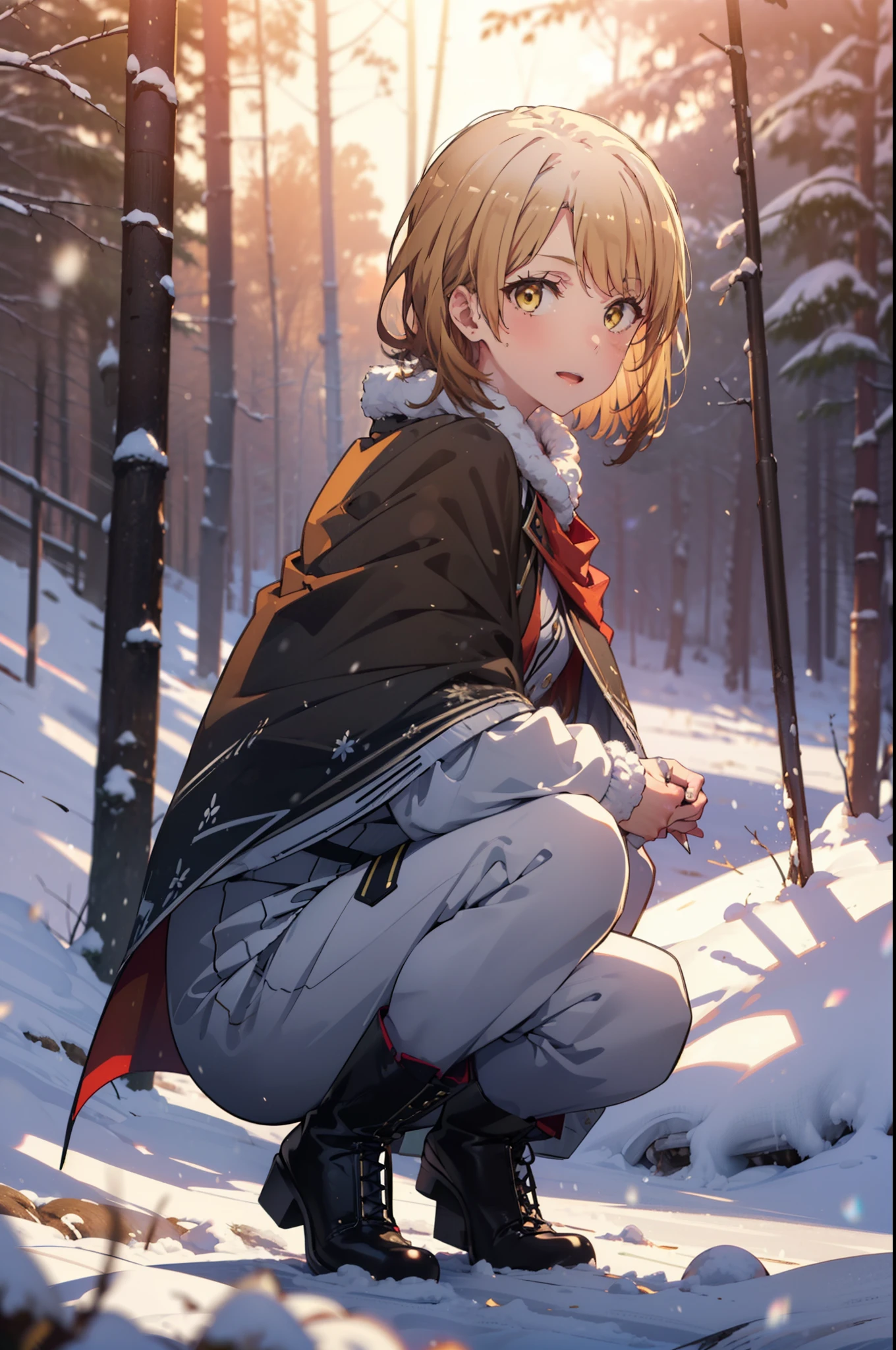 irohaisshiki, iroha isshiki, short hair, brown hair, (Brown eyes:1.5), smile,
Open your mouth,snow, fire, Outdoor, boots, snowing, From the side, wood, suitcase, Cape, Blurred, Food up, forest, White handbags, nature,  Squat, Mouth closed, フードed Cape, winter, Written boundary depth, Black shoes, red Cape break looking at viewer, Upper Body, whole body, break Outdoor, forest, nature, break (masterpiece:1.2), highest quality, High resolution, unity 8k wallpaper, (shape:0.8), (Fine and beautiful eyes:1.6), Highly detailed face, Perfect lighting, Highly detailed CG, (Perfect hands, Perfect Anatomy),