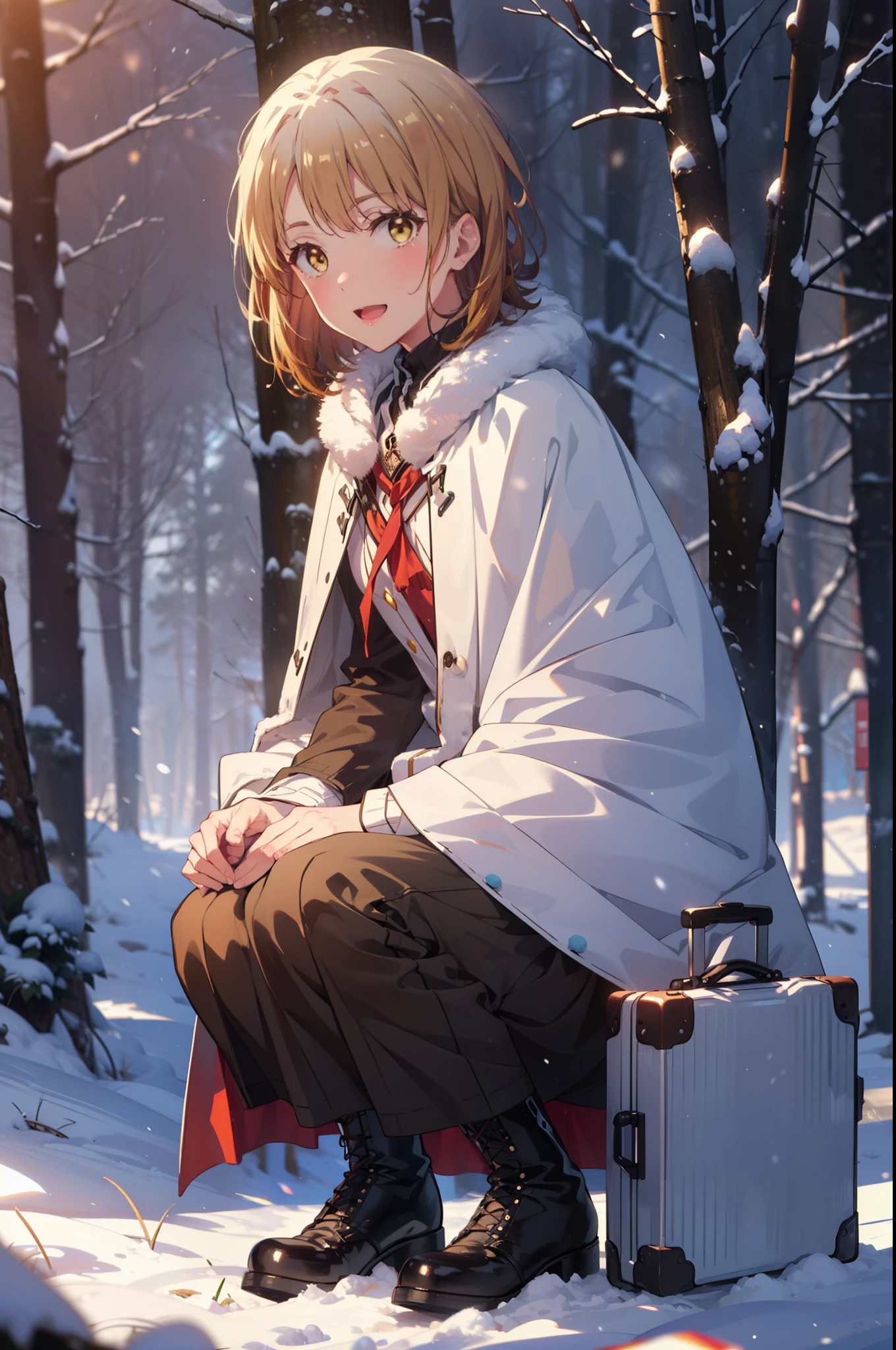 irohaisshiki, iroha isshiki, short hair, brown hair, (Brown eyes:1.5), smile,
Open your mouth,snow, fire, Outdoor, boots, snowing, From the side, wood, suitcase, Cape, Blurred, Food up, forest, White handbags, nature, Squat, Mouth closed, フードed Cape, winter, Written boundary depth, Black shoes, red Cape break looking at viewer, Upper Body, whole body, break Outdoor, forest, nature, break (masterpiece:1.2), highest quality, High resolution, unity 8k wallpaper, (shape:0.8), (Fine and beautiful eyes:1.6), Highly detailed face, Perfect lighting, Highly detailed CG, (Perfect hands, Perfect Anatomy),
