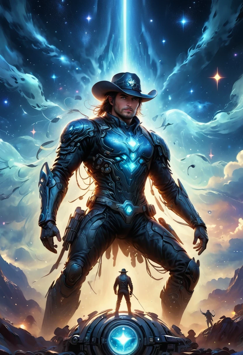 Cyberpunk cowboy in interstellar tavern,Futuristic starry sky background,Alien Technology,Mechanical Cowboy
