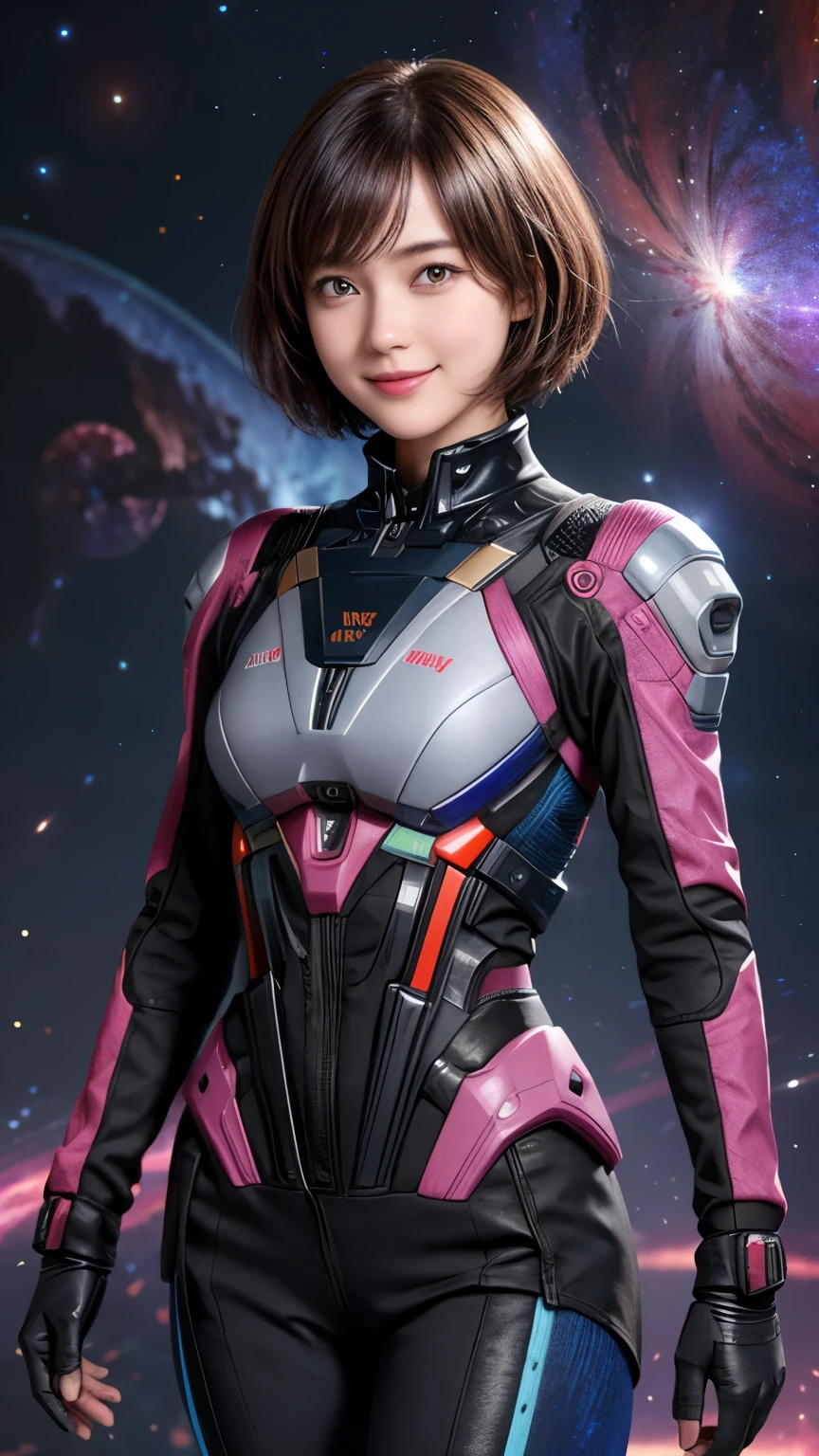 208 Short Hair, 20 year old female, Floral, A kind smile, Futuristic clothing, machinery suit, (The background is a galaxy and nebula)
