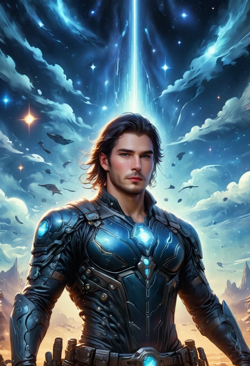 Cyberpunk cowboy in interstellar tavern,Futuristic starry sky background,Alien Technology,Mechanical Cowboy