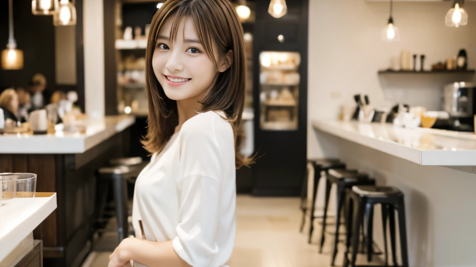 Young Japanese Woman, 30th generation, White Background, Stylish cafe interior background, white brown hair, thin, 4K, 8k, high quality, beauty, smile, Beautiful Eyes, Characterized by simplicity, High resolution,1 person,clean clothes