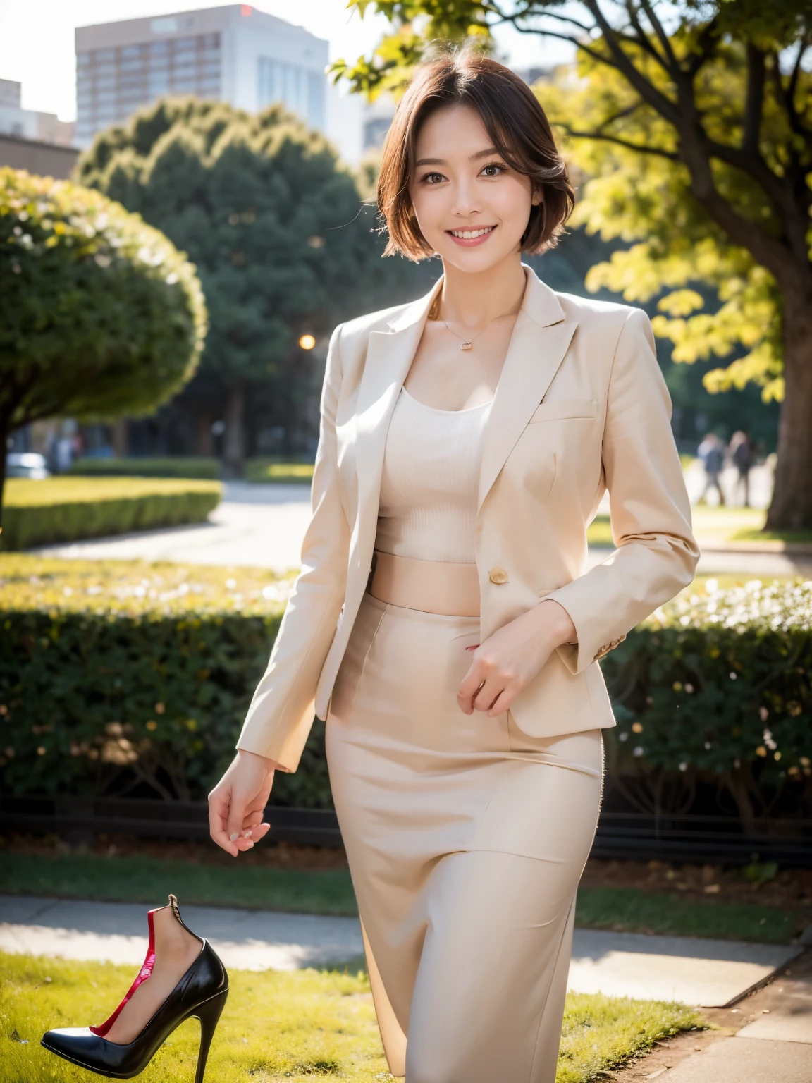 (RAW Photos:1.2), (Realistic:1.4),Beautiful detailed woman,非常にBeautiful Eyesと顔, Beautiful Eyes, Very detailed,High resolution, Very detailed,highest quality,Awareness-raising,Unified,8k wallpaper,masterpiece,highest quality,1 female,alone,rich,Whole Body Ezbian,(beige business suit:1.5)、(White pencil skirt:1.5)、(A little chubby:0.6),(Toned figure),There'Foot meat,Narrow waist,alone,(BDSM:1.2),(High heels:1.1),jewelry necklace short hair,A kind smile,dignified atmosphere,black eye,Realistic,Hibiya Park , (Park in the evening:1.6)、(sunset:1.6)、(Are standing)、