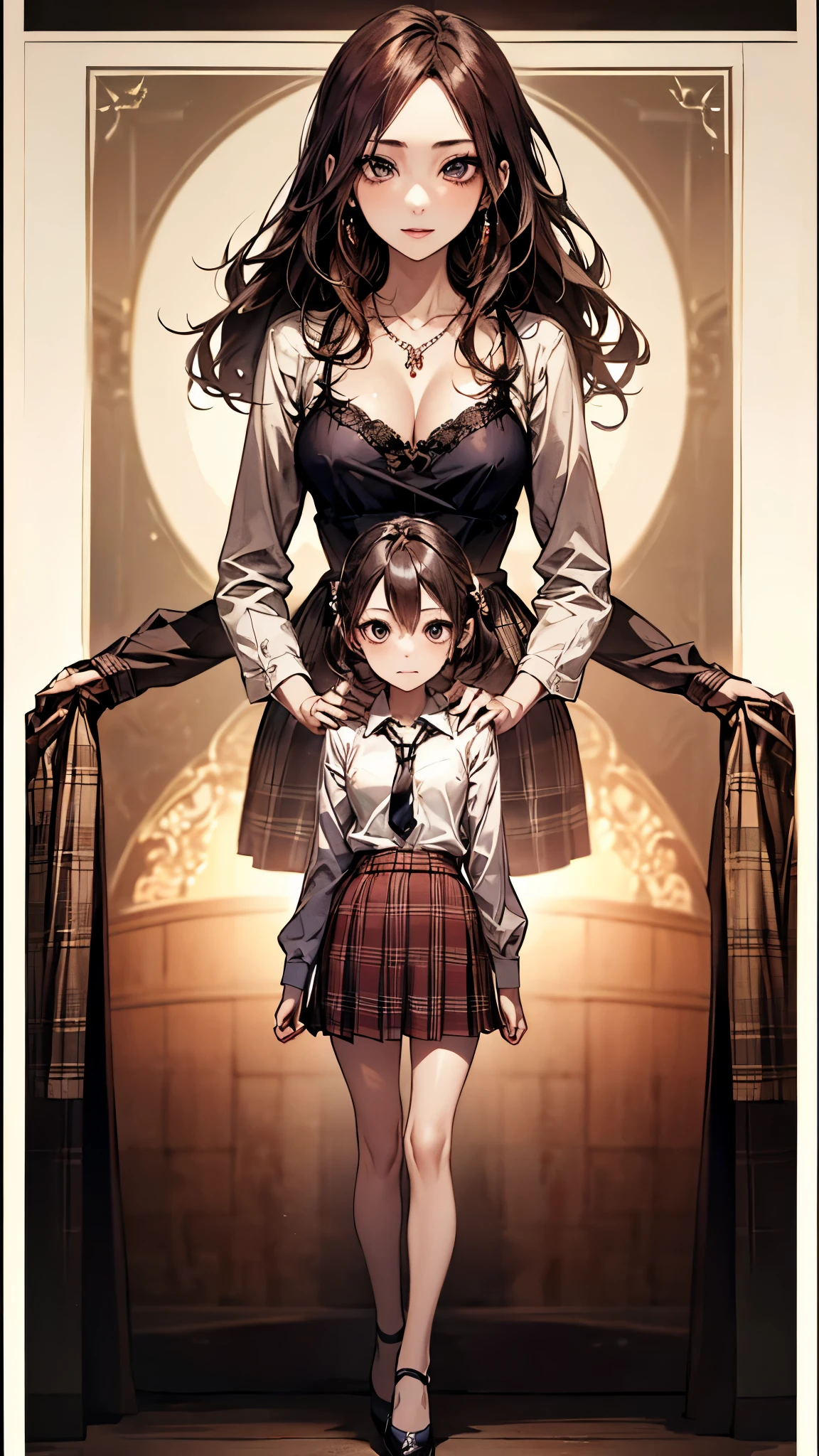 ((Biologically correct number of limbs))、(( Full body photo including face))、4K、((Standing posture))、Masterpiece、((focus on the face))、((Symmetrical facial features))、Eyes with detailed description、Beautiful woman、Outstanding style、Beautiful clavicle、Beautiful legs、Beautiful Hands、Slender Body、(stockings、High heels)、Detailed depiction of faces、Small earrings、necklace、(shirt、red plaid skirt)、Close-up of face、tie、Beautiful background、(((White border photo)))、High angle、