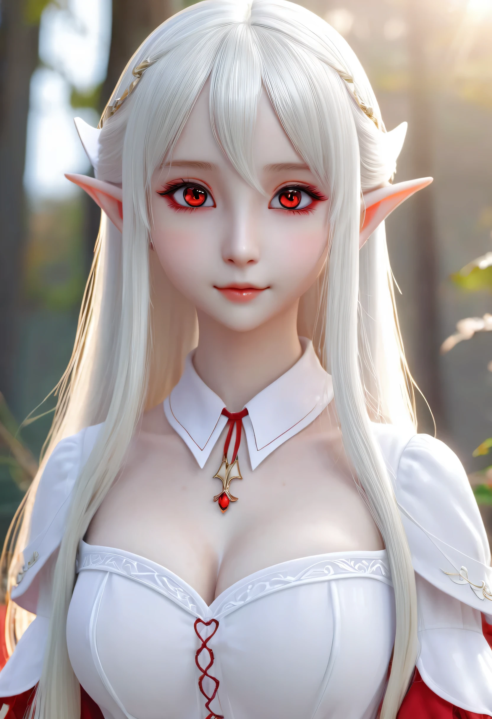 10 year old girl,Milky white long hair,Red Eyes,Very large breasts,((3D anime style)),Thin clothing,Elf,