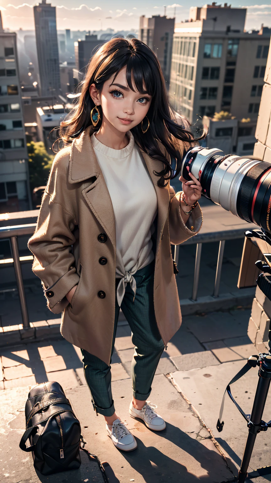 ((最high quality, 8K, masterpiece: 1.3, Ultra HD, high quality, 最high quality, High resolution, realism)) 、25-year-old Caucasian female、blue eyes、long hair、smile、slender、slenderだがアスリートのような細マッチョ、I want my head to stay off screen、Wear accessories on your wrist、Wearing red nail polish、I have a peticure、aerial perspective((atmospheric perspective))、smile((smiley))、background blur((depth of field)、crystal earrings((crystal earrings))、Dark Blonde、Hime cut((hime cut))、Photographer's coat((cameraman coat))wear、Put your hands in your coat pockets、Ankle Tide Pants((ankle tied pants))Wear、スニーカーWear、Carry a single-lens reflex camera with a telephoto lens on your shoulder、Holds a photographer bag、Skyscraper background