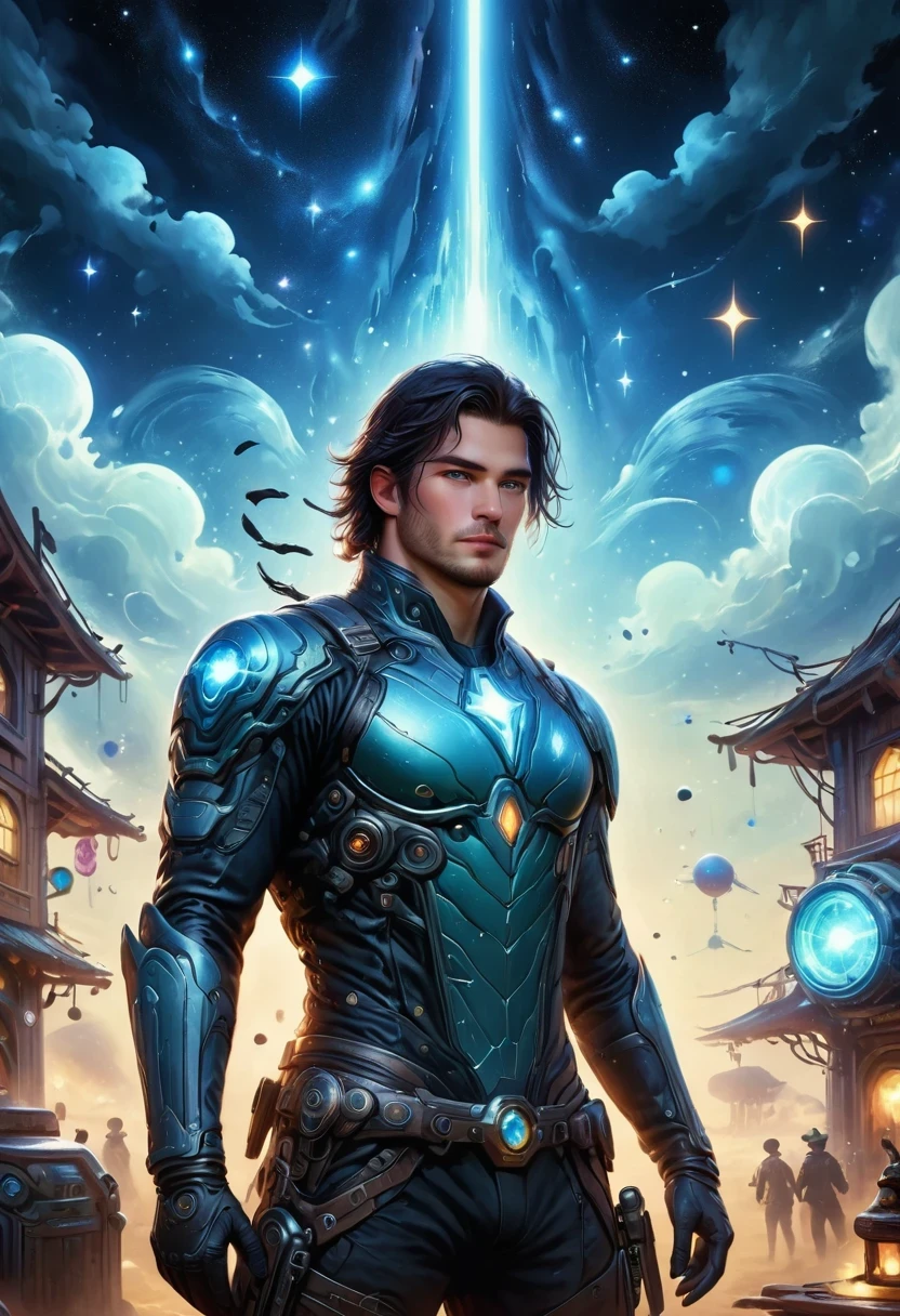 Cyberpunk cowboy in interstellar tavern,Futuristic starry sky background,Alien Technology,Mechanical Cowboy