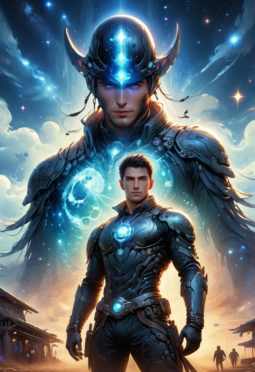 Cyberpunk cowboy in interstellar tavern,Futuristic starry sky background,Alien Technology,Mechanical Cowboy