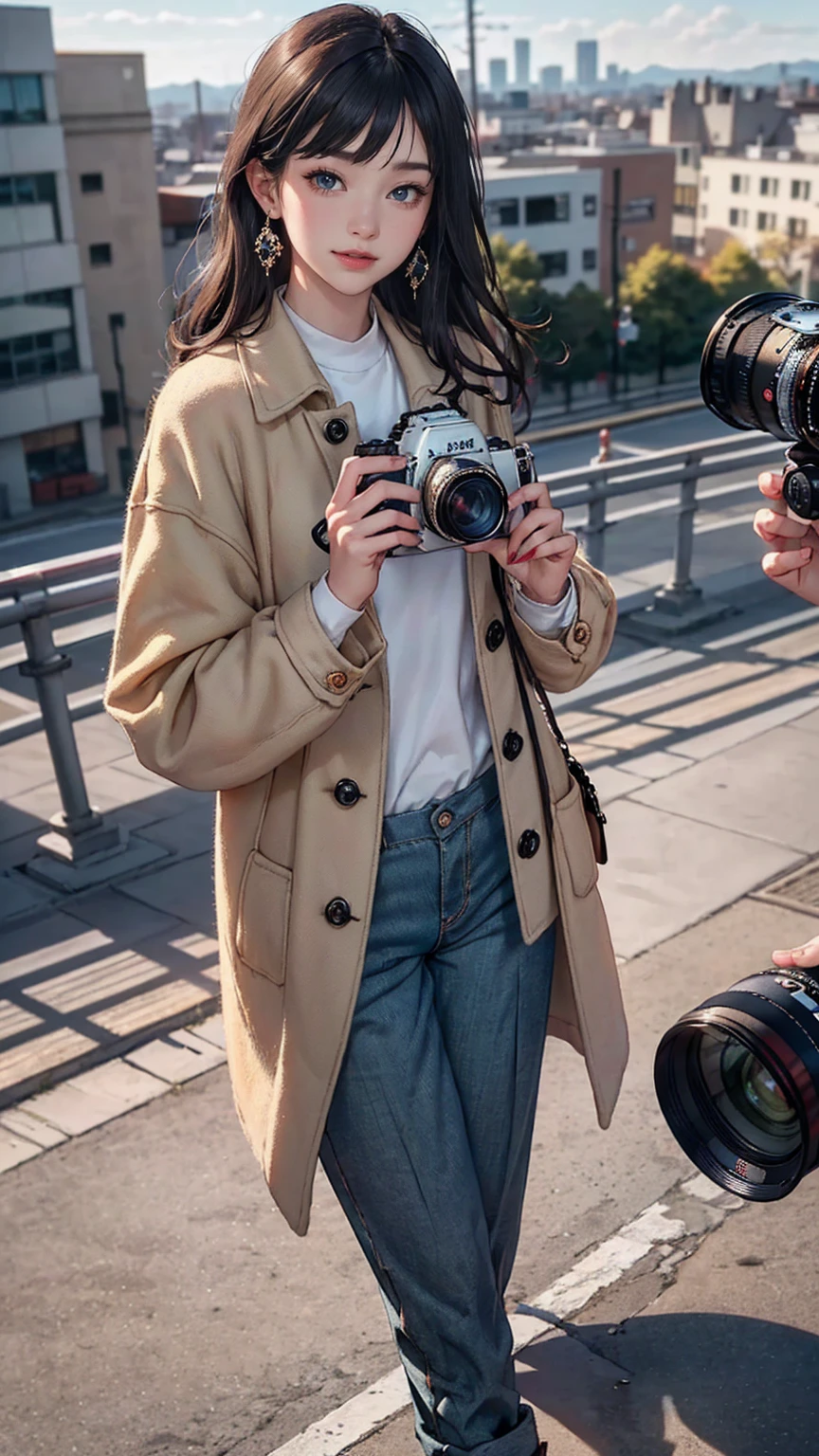 ((最high quality, 8K, masterpiece: 1.3, Ultra HD, high quality, 最high quality, High resolution, realism)) 、25-year-old Caucasian female、blue eyes、long hair、smile、slender、slenderだがアスリートのような細マッチョ、I want my head to stay off screen、Wear accessories on your wrist、Wearing red nail polish、I have a peticure、aerial perspective((atmospheric perspective))、smile((smiley))、background blur((depth of field)、crystal earrings((crystal earrings))、Dark Blonde、Hime cut((hime cut))、Photographer's coat((cameraman coat))wear、Put your hands in your coat pockets、Ankle Tide Pants((ankle tied pants))Wear、スニーカーWear、Carry a single-lens reflex camera with a telephoto lens on your shoulder、Holds a photographer bag、Skyscraper background