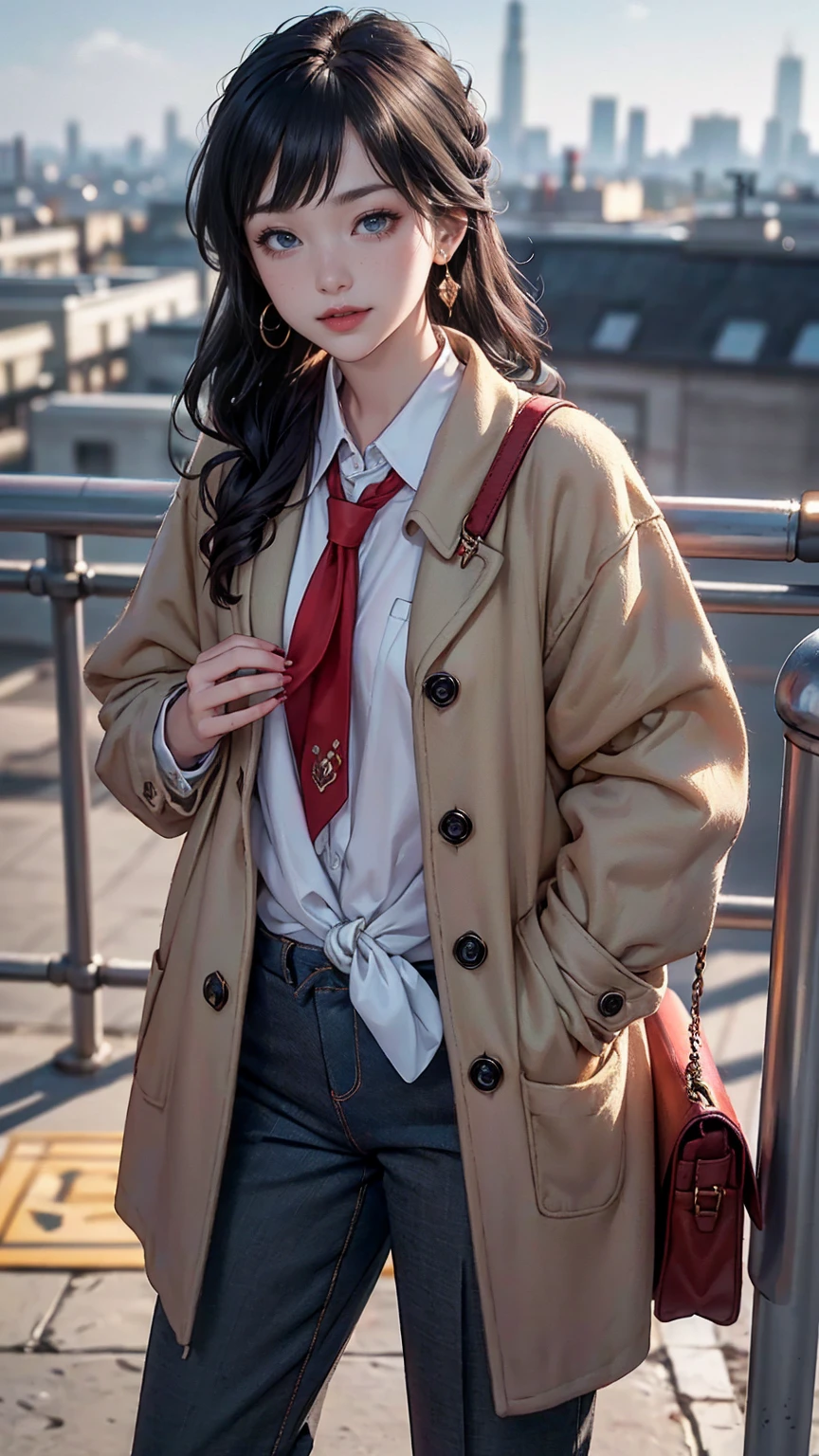 ((最high quality, 8K, masterpiece: 1.3, Ultra HD, high quality, 最high quality, High resolution, realism)) 、25-year-old Caucasian female、blue eyes、long hair、smile、slender、slenderだがアスリートのような細マッチョ、I want my head to stay off screen、Wear accessories on your wrist、Wearing red nail polish、I have a peticure、aerial perspective((atmospheric perspective))、smile((smiley))、background blur((depth of field)、crystal earrings((crystal earrings))、Dark Blonde、Hime cut((hime cut))、Photographer's coat((cameraman coat))wear、Put your hands in your coat pockets、Ankle Tide Pants((ankle tied pants))Wear、スニーカーWear、Carry a single-lens reflex camera with a telephoto lens on your shoulder、Holds a photographer bag、Skyscraper background