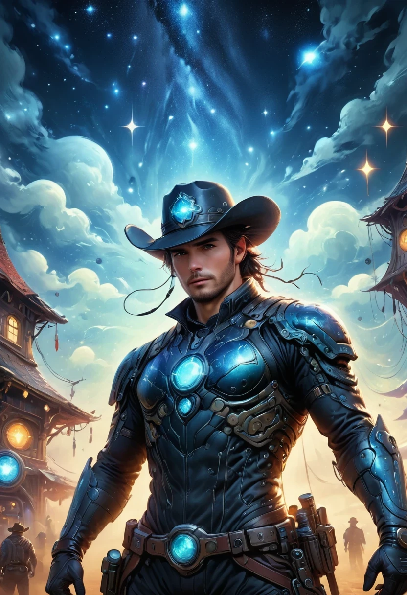 Cyberpunk cowboy in interstellar tavern,Futuristic starry sky background,Alien Technology,Mechanical Cowboy