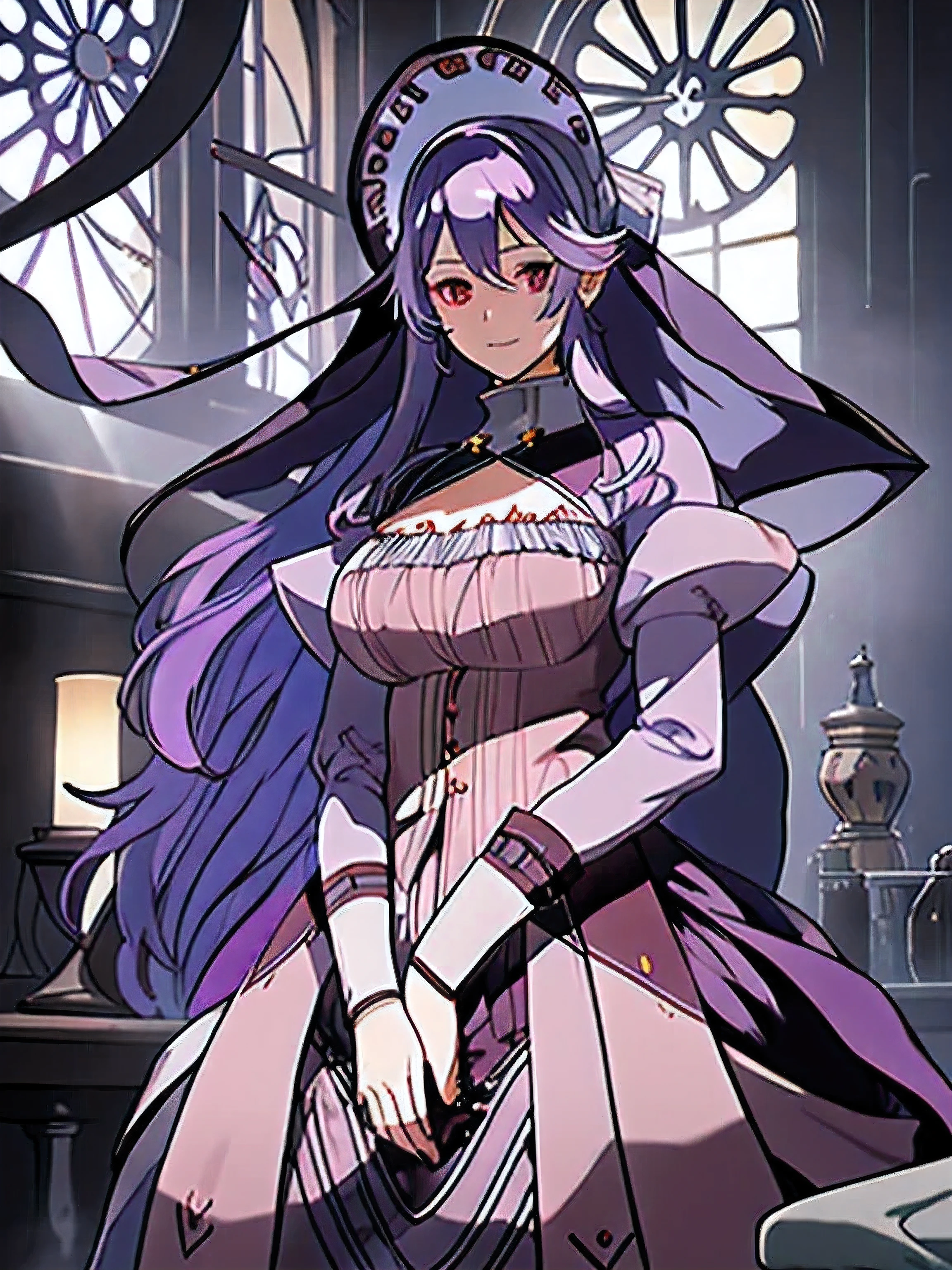 highest quality, RAW photo, extremely detailed, a character portrait, official 2d game art, Mysterious, holy, light and shadow, (pamela ibis), sand glass, 20 years old, deep purple and ash hair color, heart shaped pupils, voluptuous body, atelier, (moody lighting), silky (fog), [relaxed]