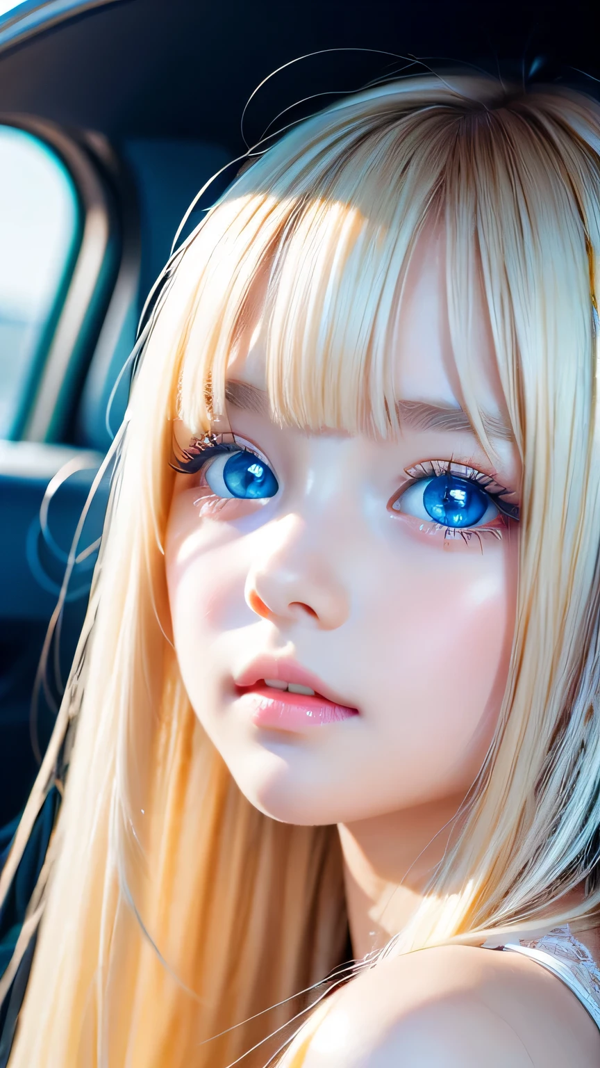 One beautiful girl、Portrait、、blue sky、bright and beautiful face、young, Very white shiny skin、The best beauty、Super long blonde hair with dazzling light reflections、Beautiful natural platinum blonde super long silky straight hair、long bangs between the eyes,、Extraordinarily beautiful -yeld、La, shining, clear, light blue eyes、Very big eyes、Small Facl、round face、Cheek gloss highlight