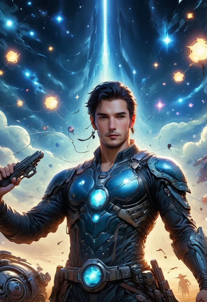 Cyberpunk cowboy in interstellar tavern,Futuristic starry sky background,Alien Technology,Mechanical Cowboy