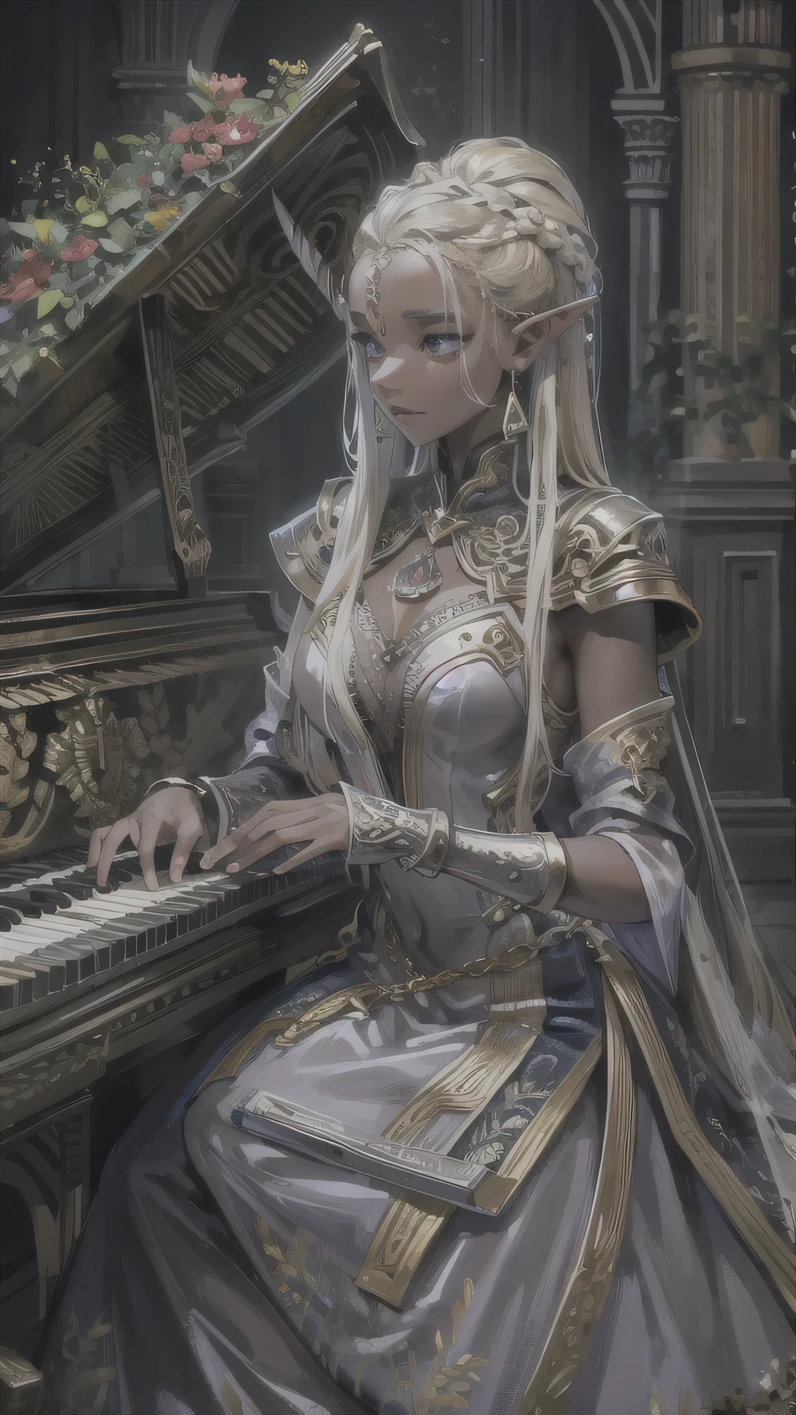perfect anatomy, masterpiece:1.4, best quality, 8k, beautiful detailed grow, break, (black skin Elf playing the tearjerking princess's pavane) ((she is Cornrow Hair Short Dreadlocks)) (solo:1.3 blonde hair long hair detailed elf woman, 1000 yo, detailed silver eyes), break, in the piano hole.