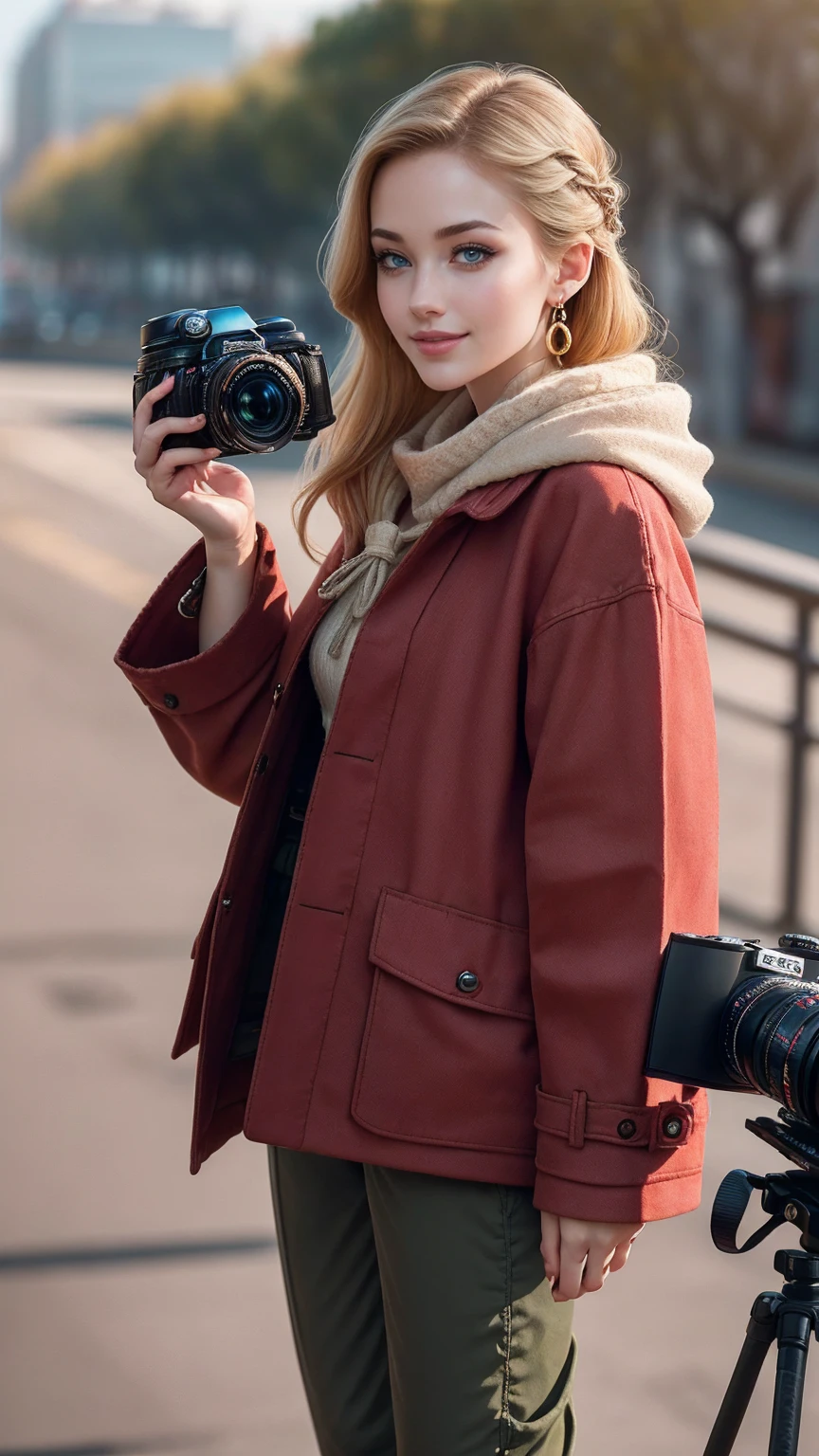 ((最high quality, 8K, masterpiece: 1.3, Ultra HD, high quality, 最high quality, High resolution, realism)) 、25-year-old Caucasian female、blue eyes、long hair、smile、slender、slenderだがアスリートのような細マッチョ、I want my head to stay off screen、Wear accessories on your wrist、Wearing red nail polish、I have a peticure、aerial perspective((atmospheric perspective))、smile((smiley))、background blur((depth of field)、crystal earrings((crystal earrings))、Dark Blonde、Hime cut((hime cut))、Photographer's coat((cameraman coat))wear、Put your hands in your coat pockets、Ankle Tide Pants((ankle tied pants))Wear、スニーカーWear、Carry a single-lens reflex camera with a telephoto lens on your shoulder、Holds a photographer bag、Skyscraper background