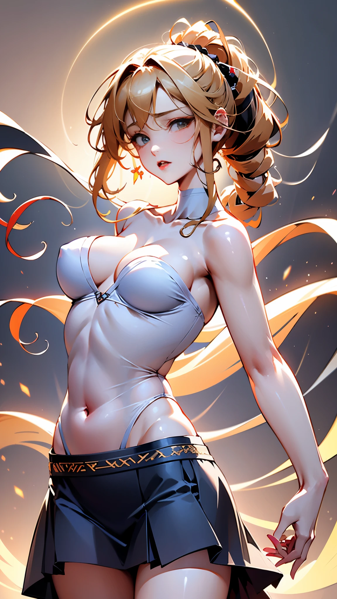Girls wear skirts，It's a perfect face，scantily clad,Willow waist,(actual, realistically), (Ultra-high resolution), (depth of fields),Striped hair,Thigh thick,view the viewer , insanely details, Complicated details, Skeleton costume,(Lop), Lower chest Skeleton costume,Shiny holographic Skeleton costume:1.1 , Large breasts droop,Blonde hair,Redlip ,see-through skirt，(((8K，winning artwork，dynamicposes)))，