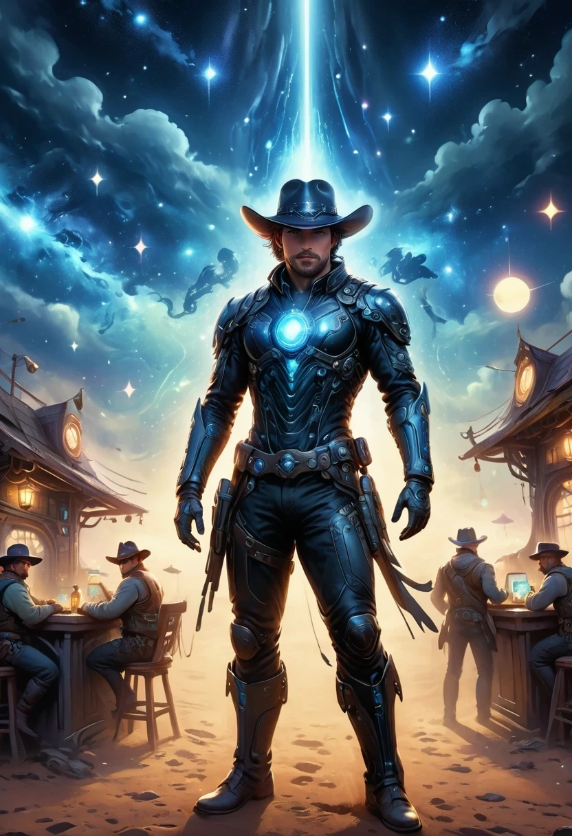 Cyberpunk cowboy in interstellar tavern,Futuristic starry sky background,Alien Technology,Mechanical Cowboy