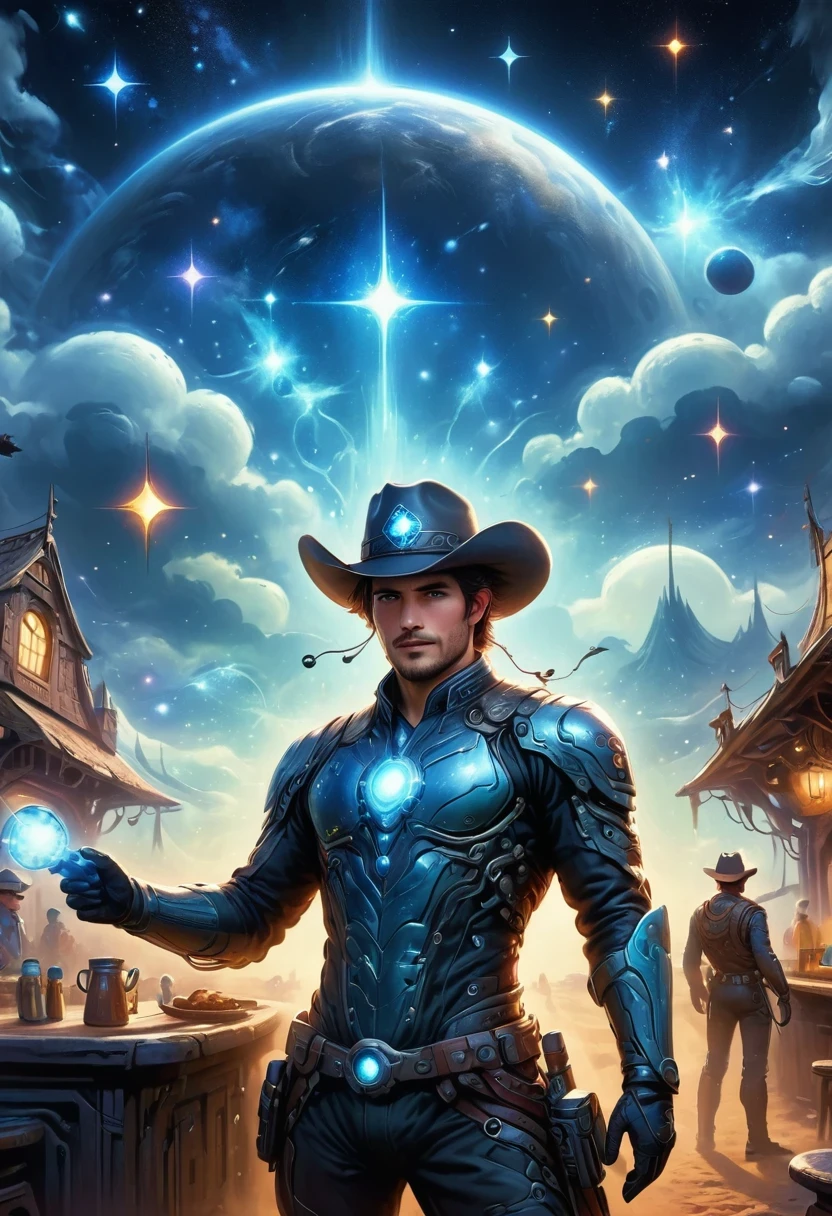 Cyberpunk cowboy in interstellar tavern,Futuristic starry sky background,Alien Technology,Mechanical Cowboy