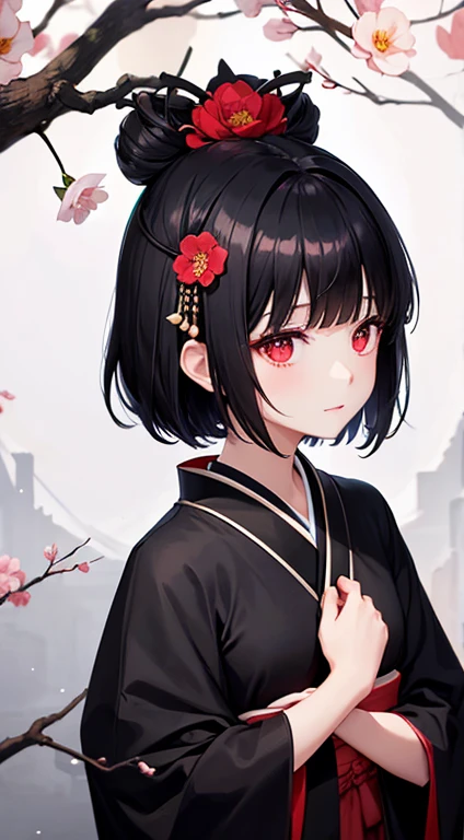 night、moon、Camellia hair ornament on head、Short black hair、Black kimono、Red eyes、A dignified expression