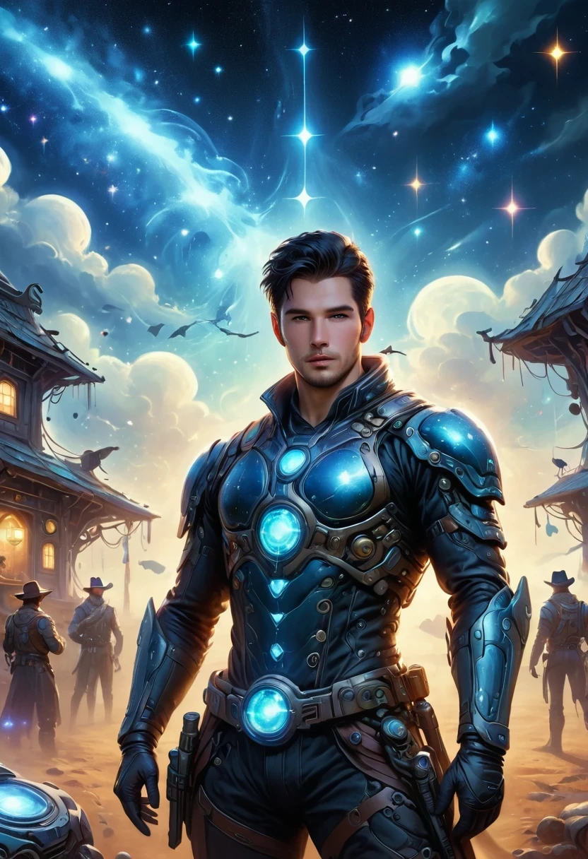 Cyberpunk cowboy in interstellar tavern,Futuristic starry sky background,Alien Technology,Mechanical Cowboy